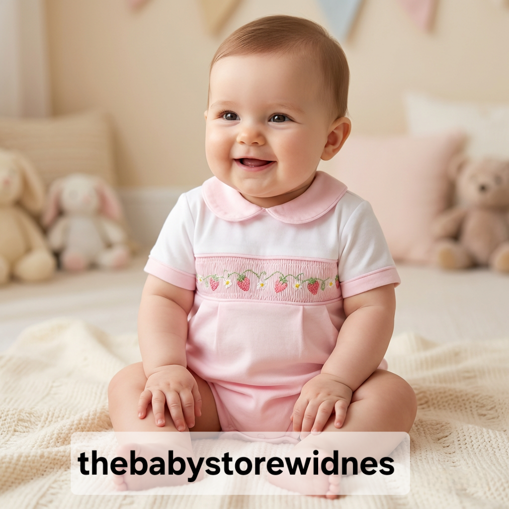 Baby girls dandelion romper with smocking and strawberry and flowers embroidery