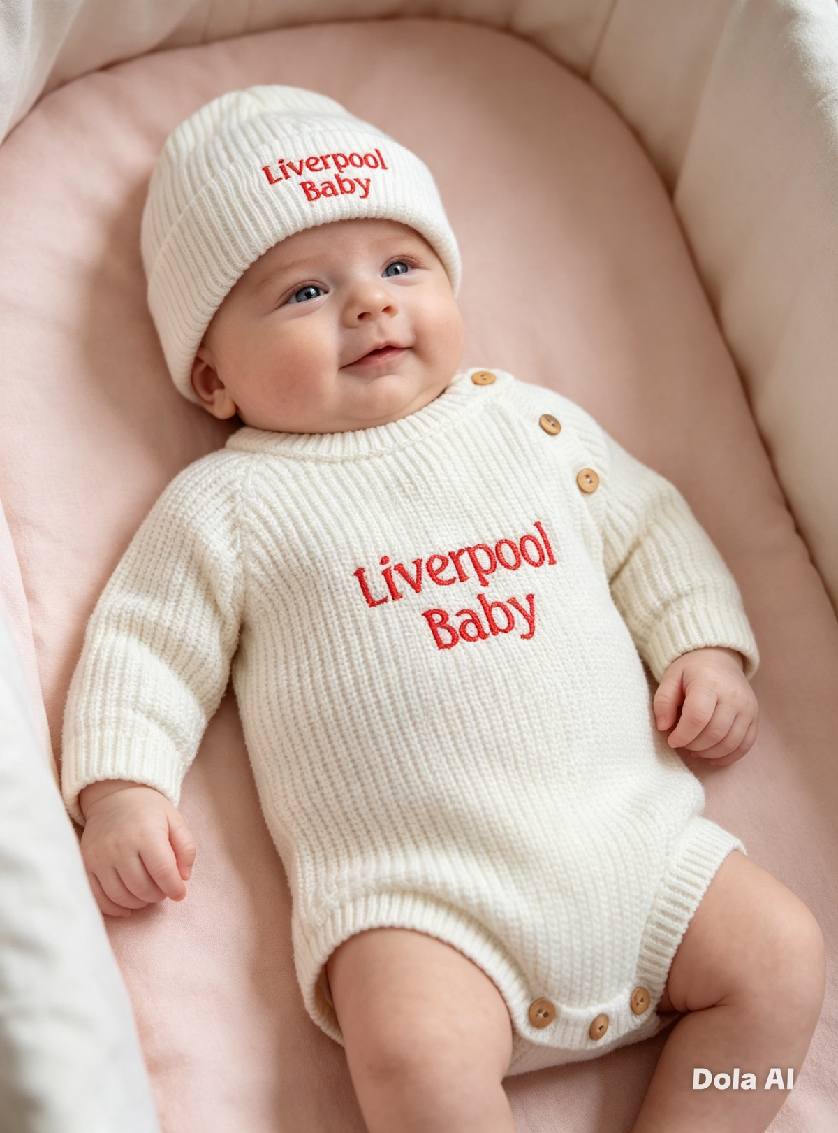 Babys dandelion knitted romper and hat set embroidered with Liverpool Baby