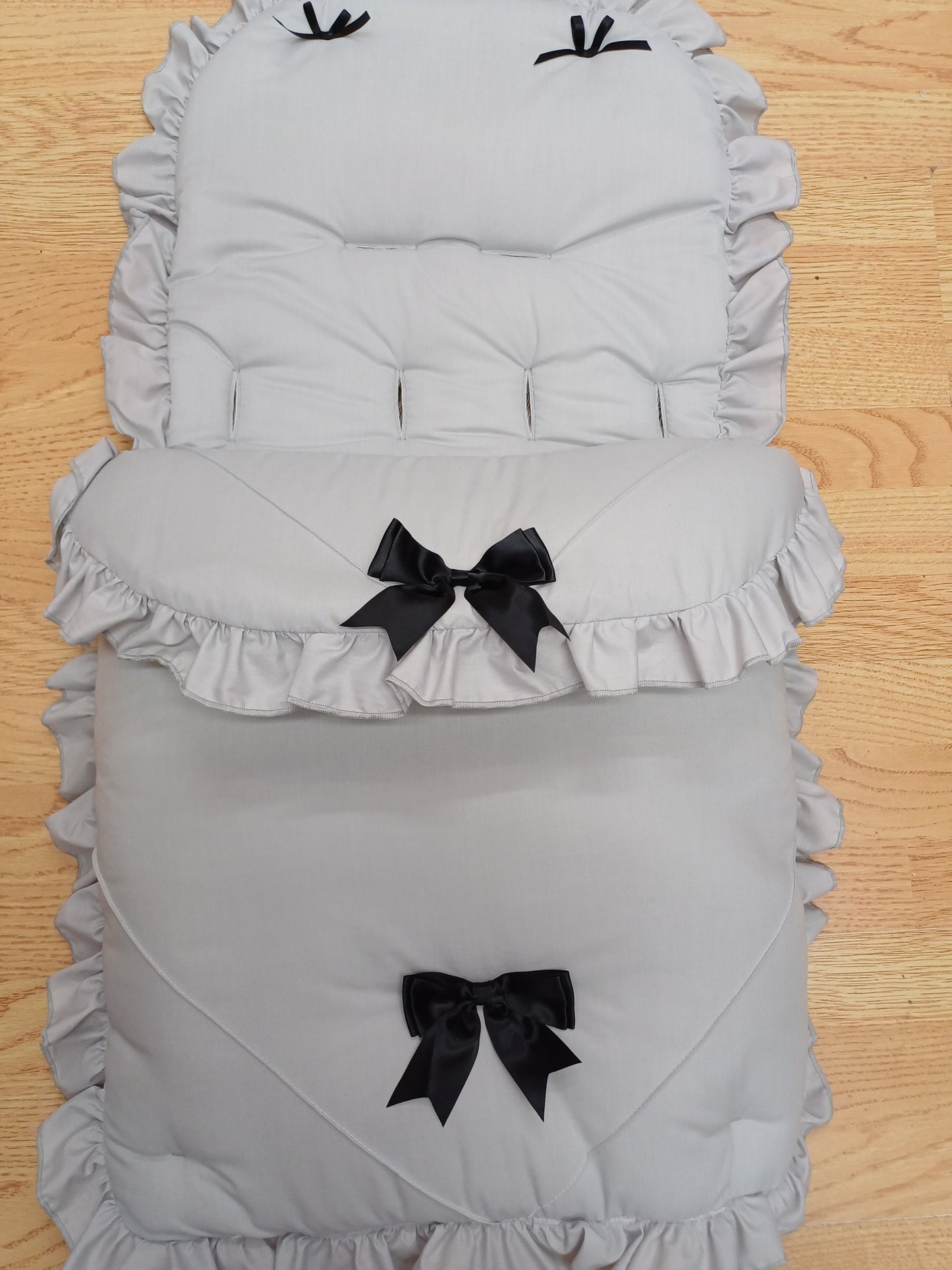 Baby Boys or girls universal pram cosytoes / footmuff / pram set colour grey / black bows