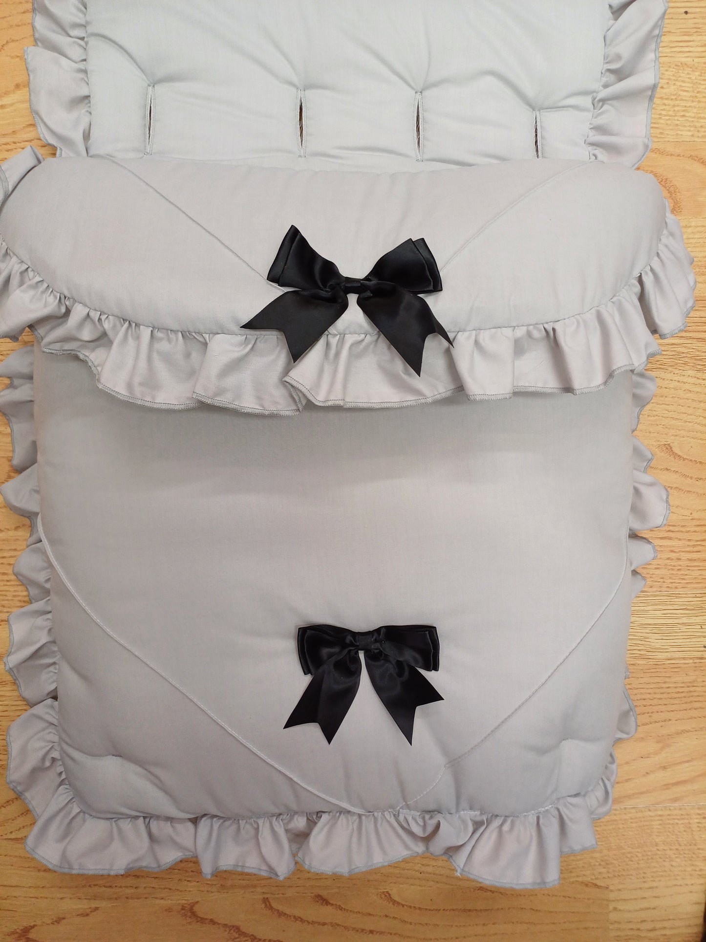 Baby Boys or girls universal pram cosytoes / footmuff / pram set colour grey / black bows