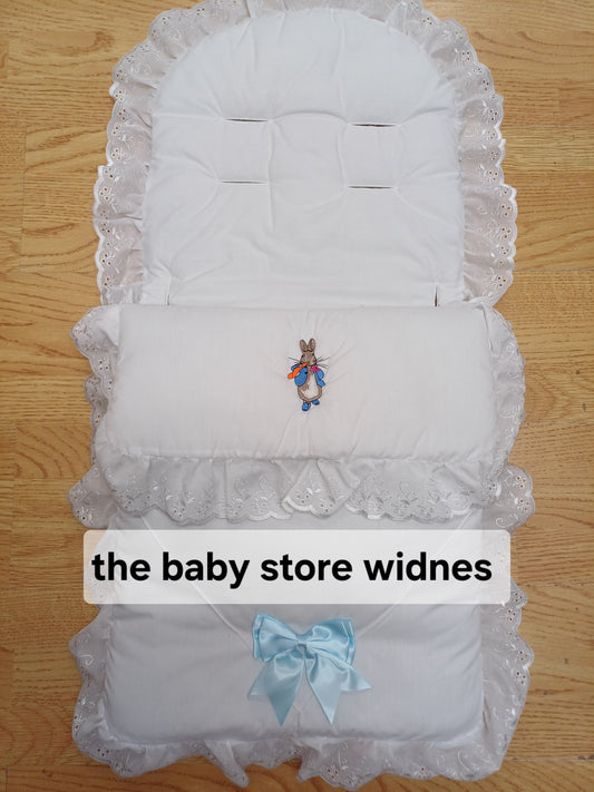 Baby Boys Peter rabbit theme  embroidery universal fit cosytoes footmuff pram set