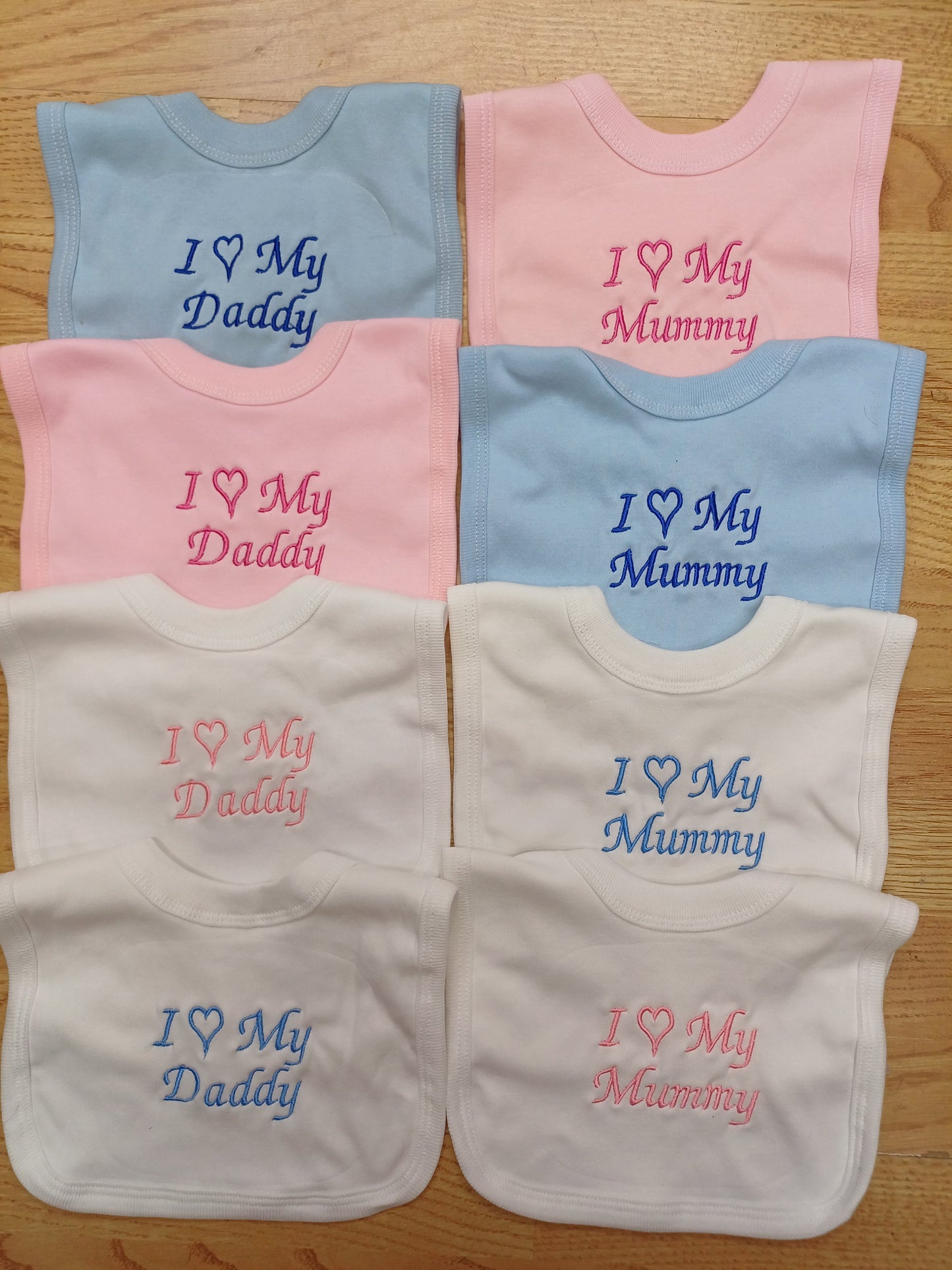 Baby Boys or girls 100% soft cotton bib embroidered with I love my mummy or daddy various colours to choose from