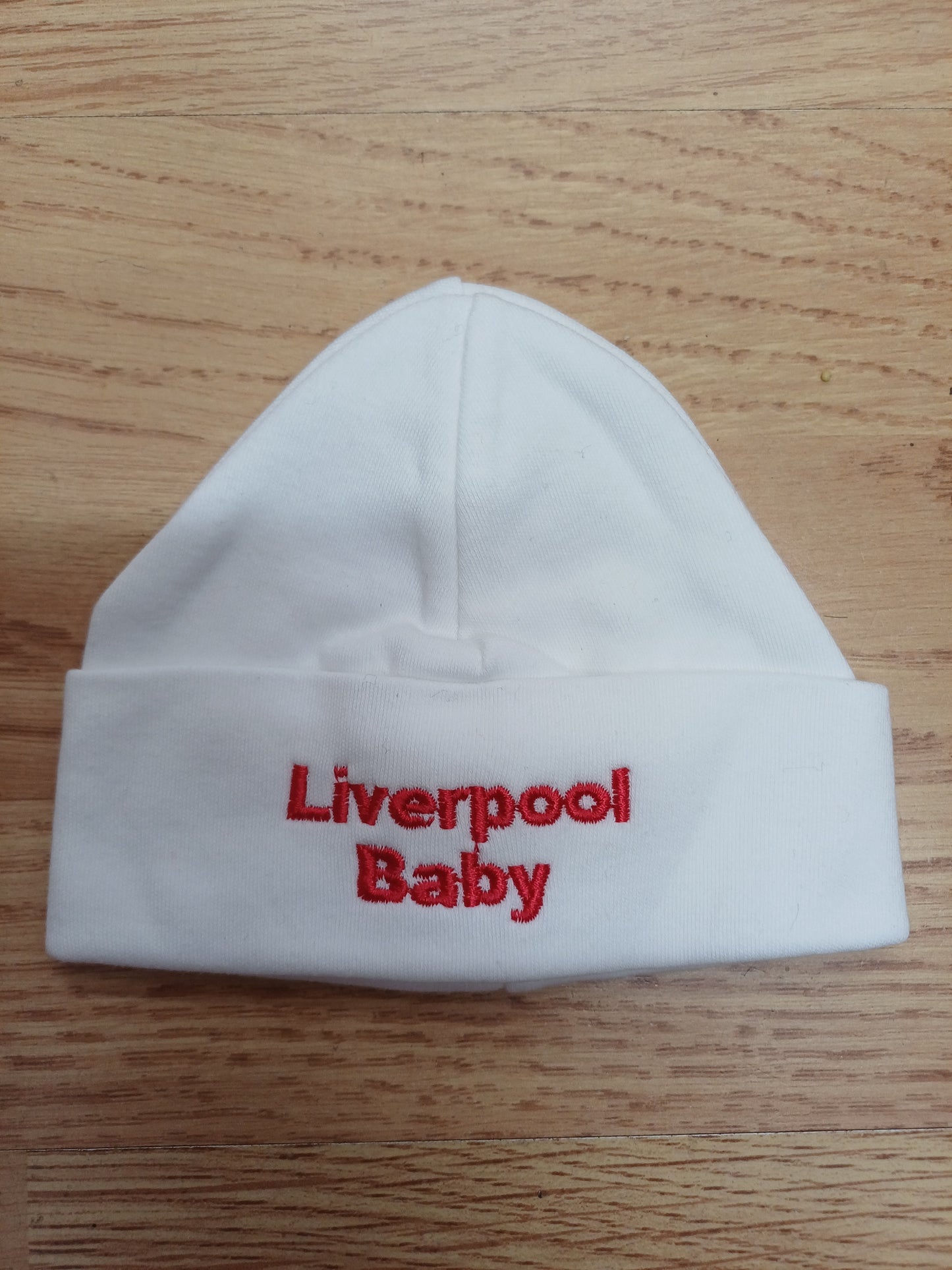 Baby Boys or girls 100 % soft cotton hat embroidered with Liverpool Baby size newborn