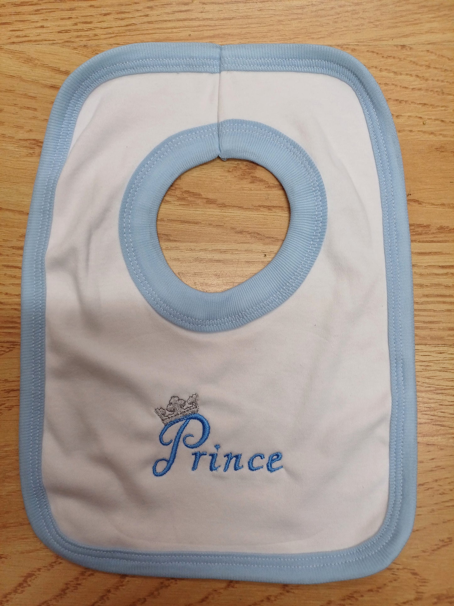 Baby Boys or girls 100% soft cotton bib embroidered with prince or princess various colours to choose from