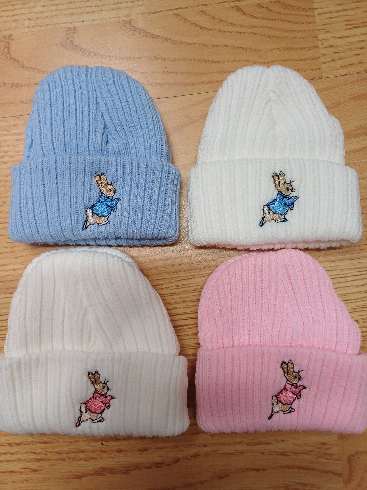 Baby Boys or girls knitted beanie hat embroidered with peter rabbit various colours to choose from size newborn