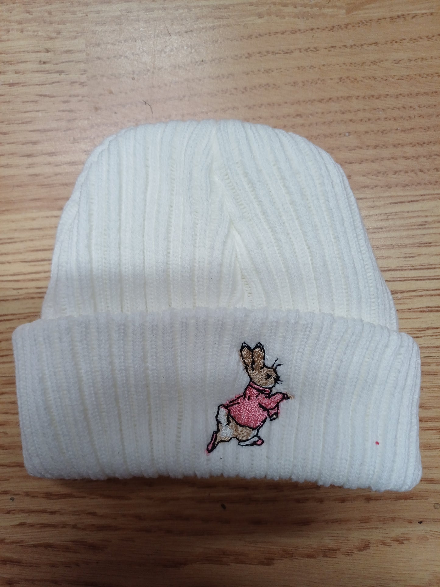 Baby Boys or girls knitted beanie hat embroidered with peter rabbit various colours to choose from size newborn