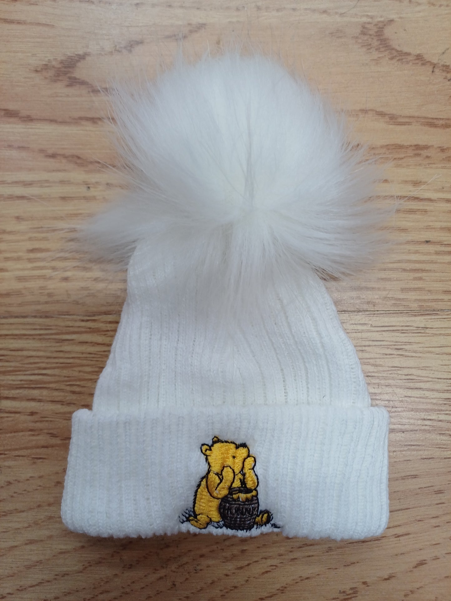 Baby Boys or girls pom pom hats embroidered with honey bear size newborn various colours to choose from