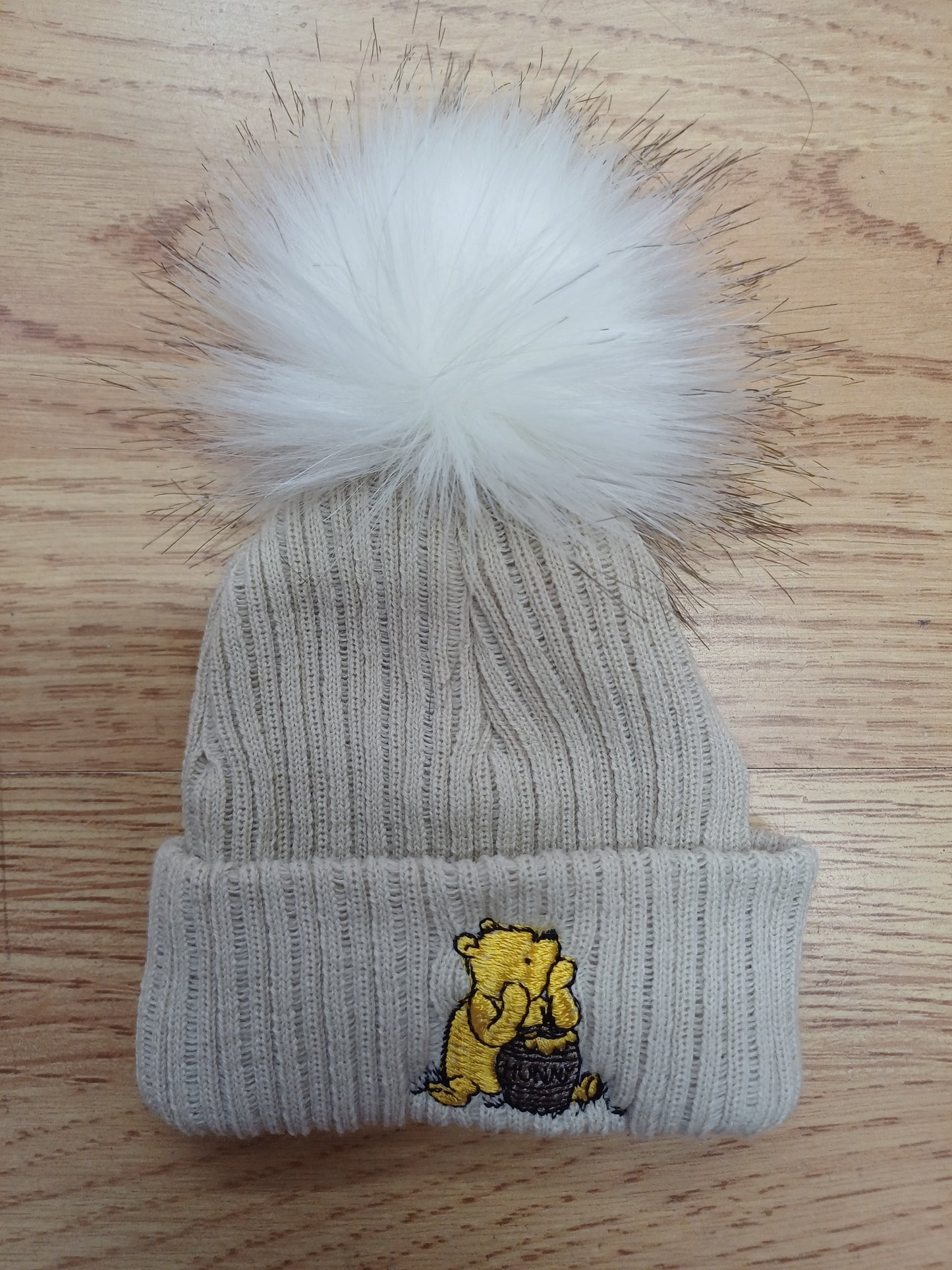 Baby Boys or girls pom pom hats embroidered with honey bear size newborn various colours to choose from