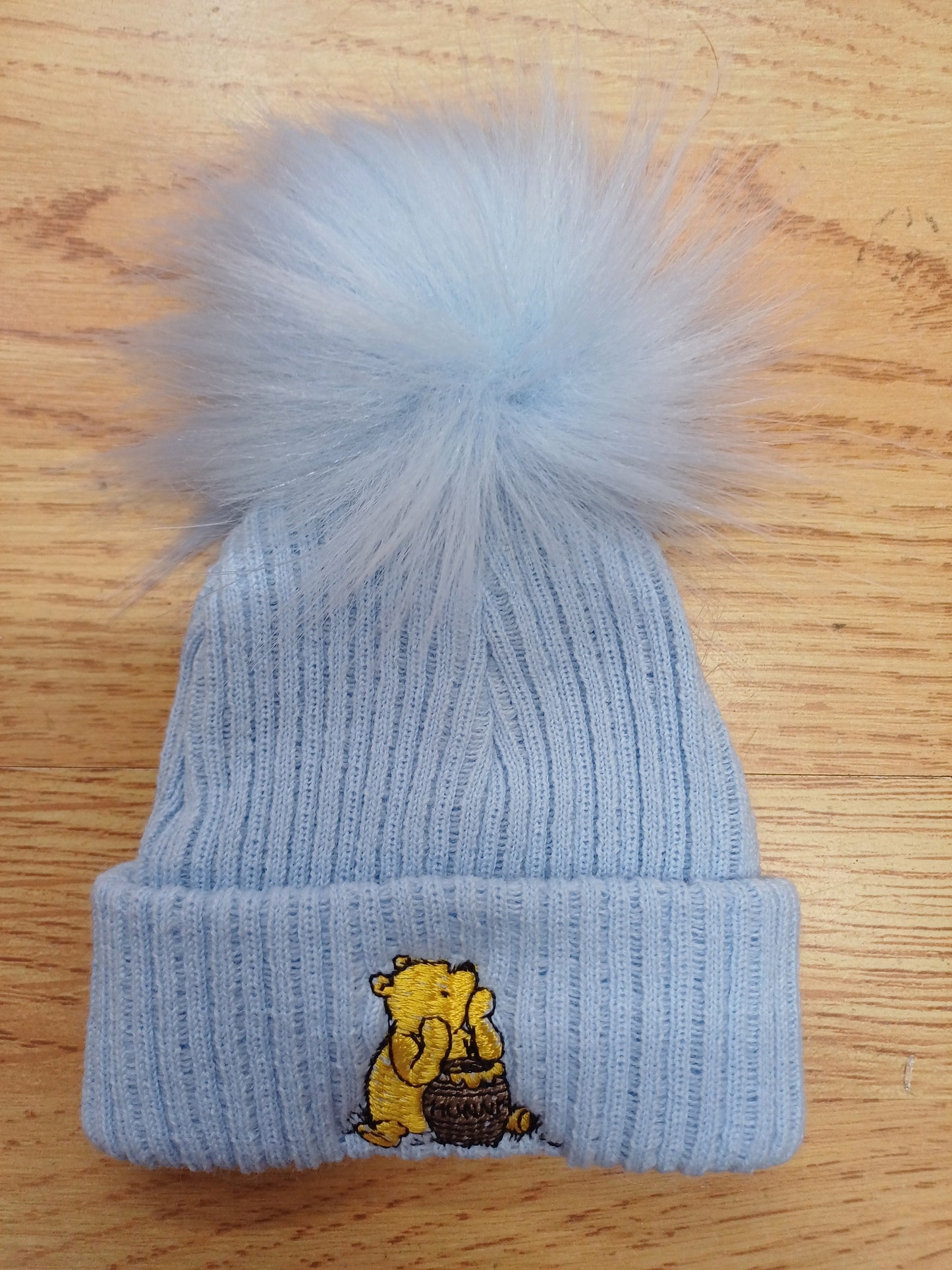 Baby Boys or girls pom pom hats embroidered with honey bear size newborn various colours to choose from