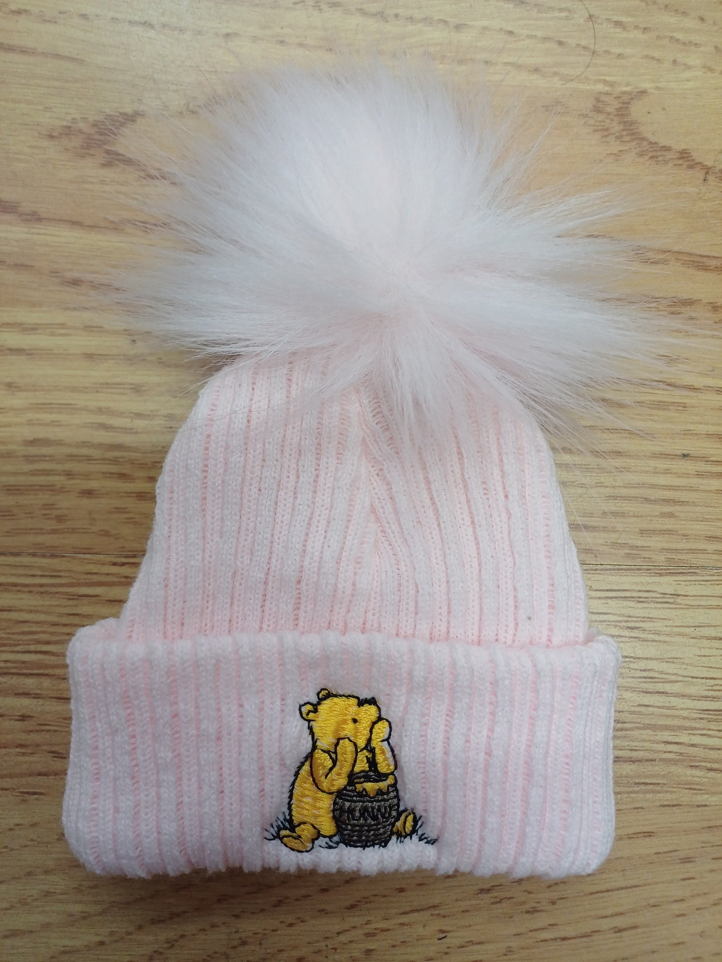 Baby Boys or girls pom pom hats embroidered with honey bear size newborn various colours to choose from
