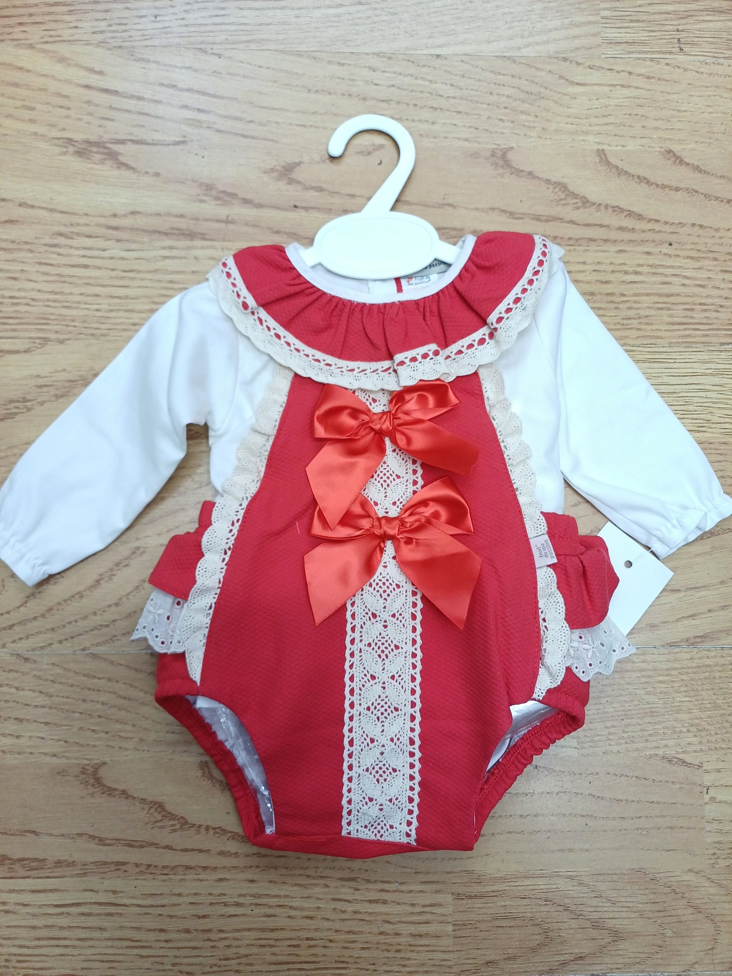 Girls red ribbon romper with blouse