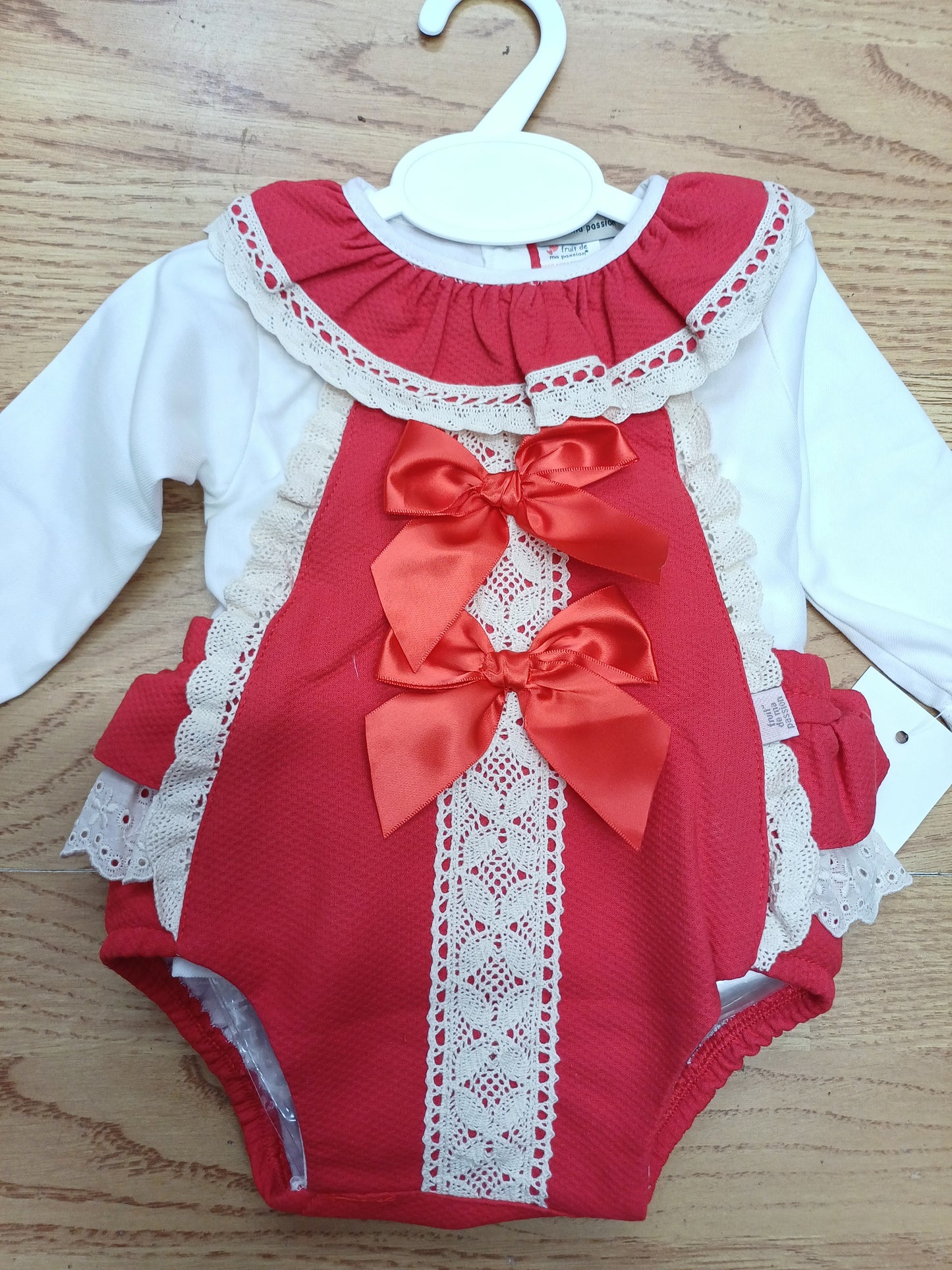 Girls red ribbon romper with blouse