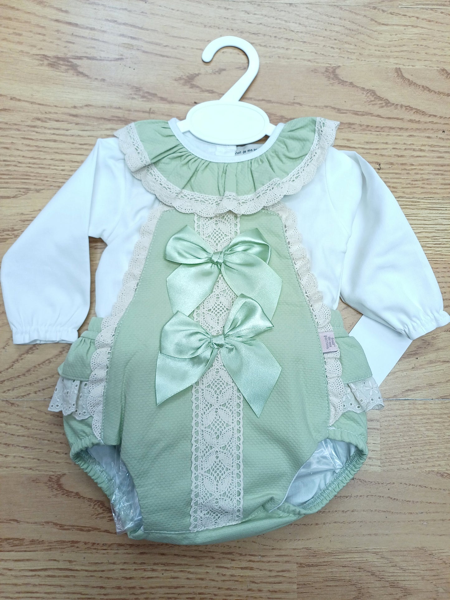 Girls sage green ribbon romper with bows