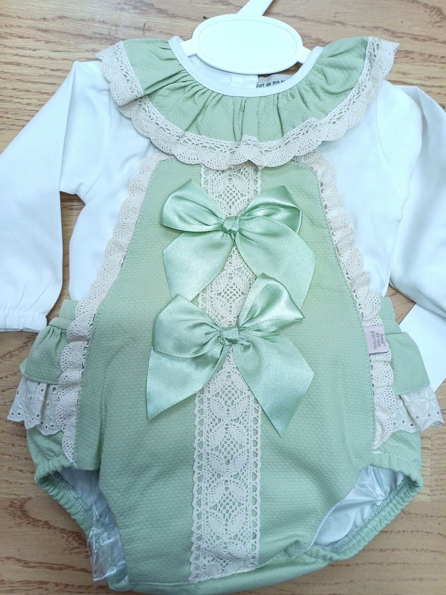 Girls sage green ribbon romper with bows