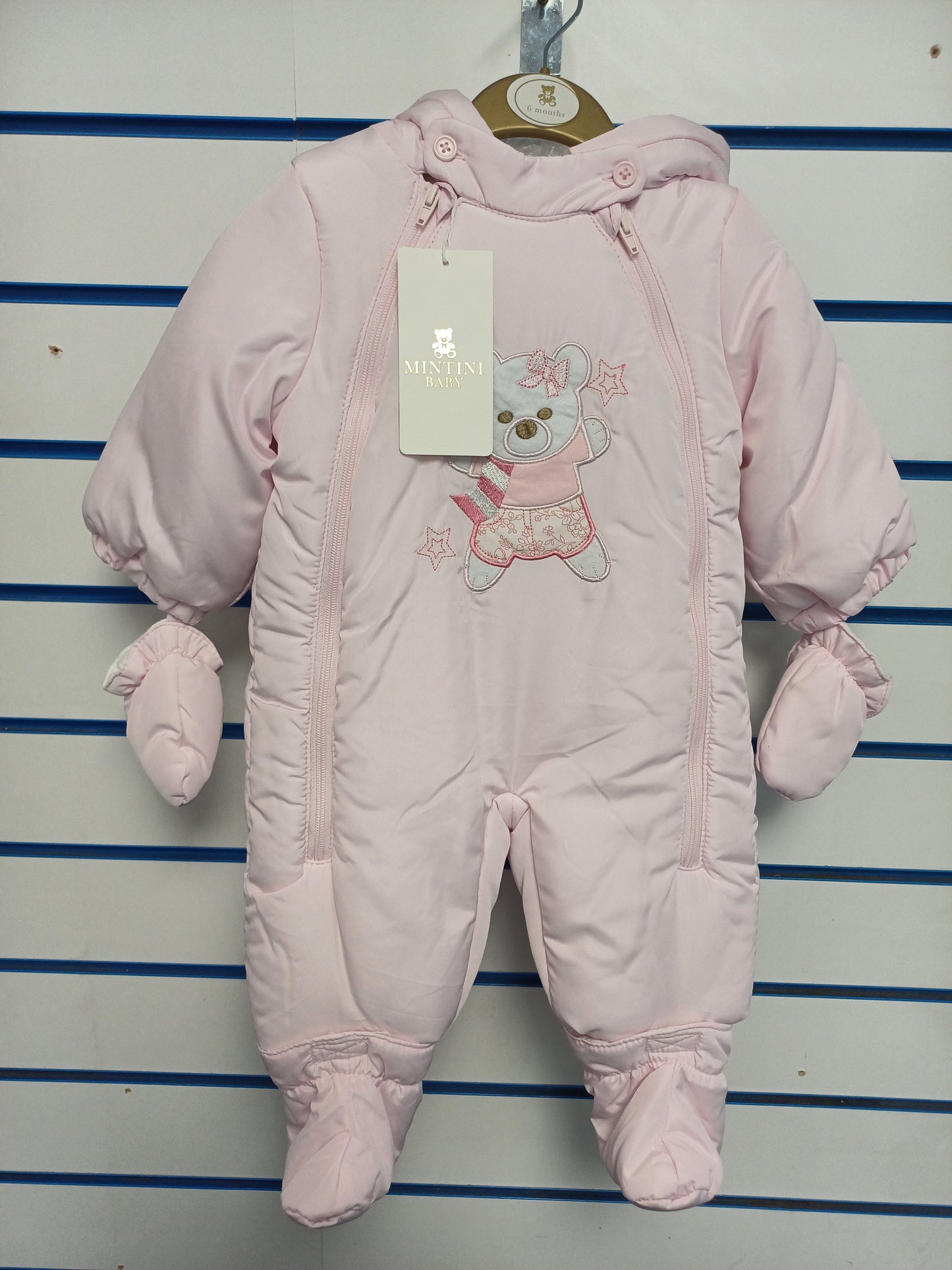 Mintini pram snowsuit with detachable feet and hands with teddy bear design embroidery