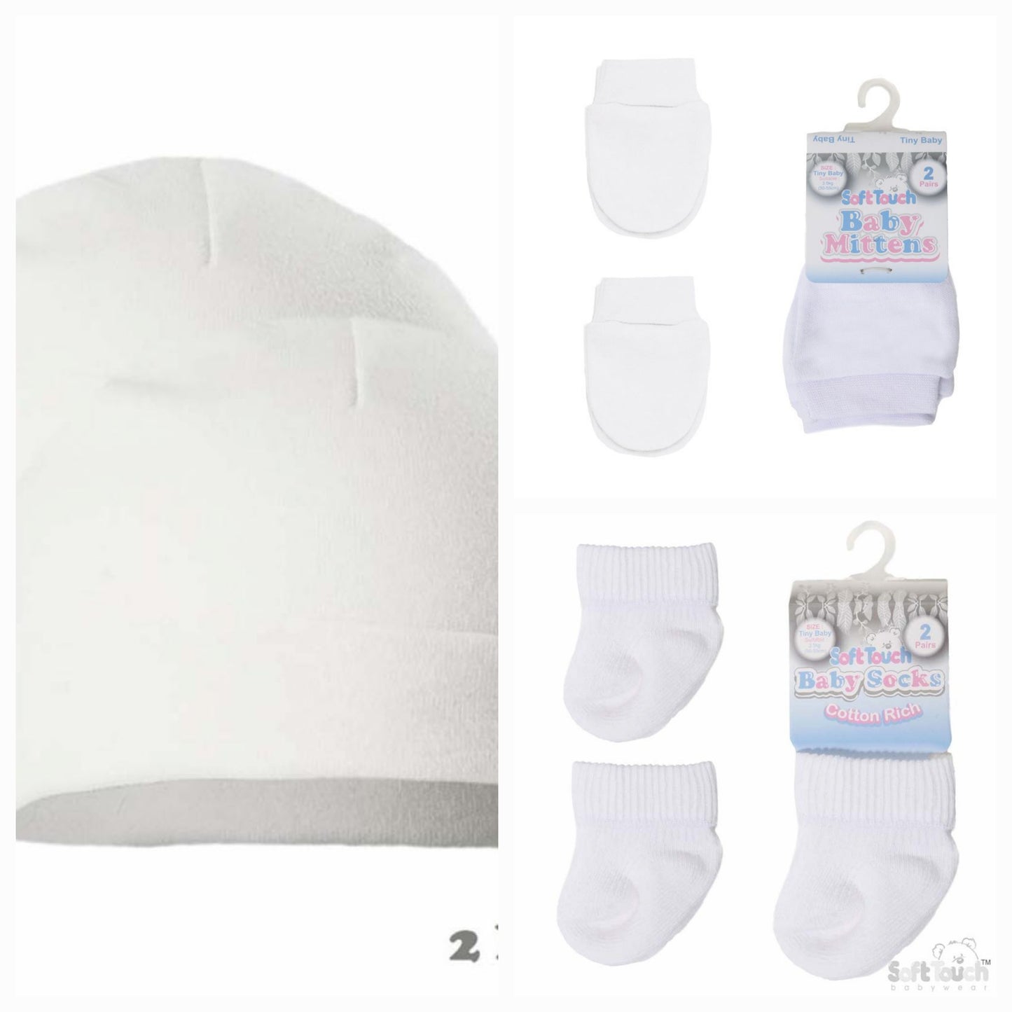 Premature unisex boy or girls set 2 x cotton hats 2 x socks and 2 pairs scratch mitts