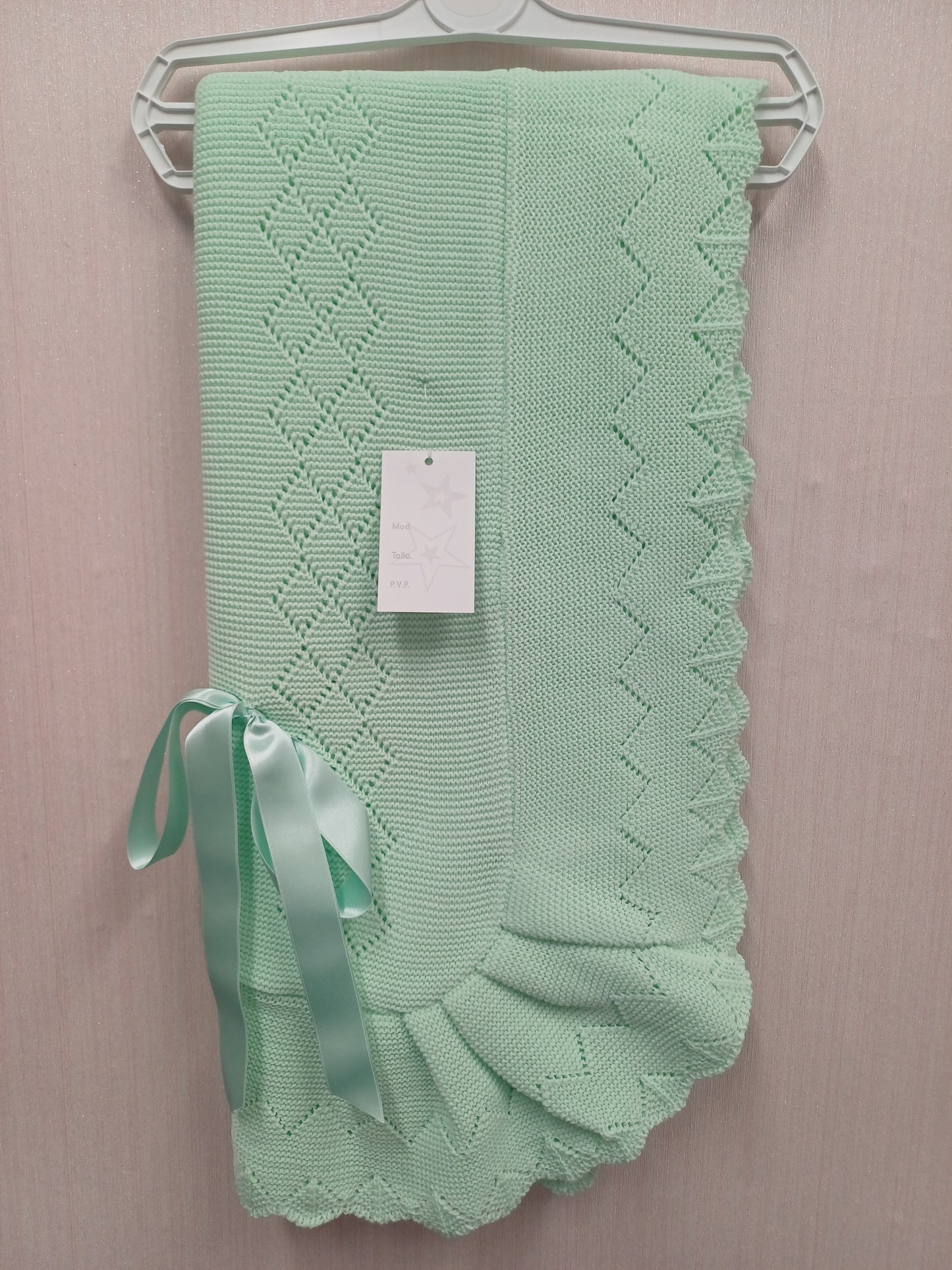 Mint green Spanish knitted ribbon bow blanket shawl