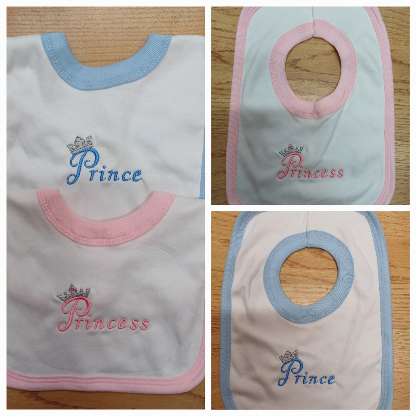 Baby Boys or girls 100% soft cotton bib embroidered with prince or princess various colours to choose from