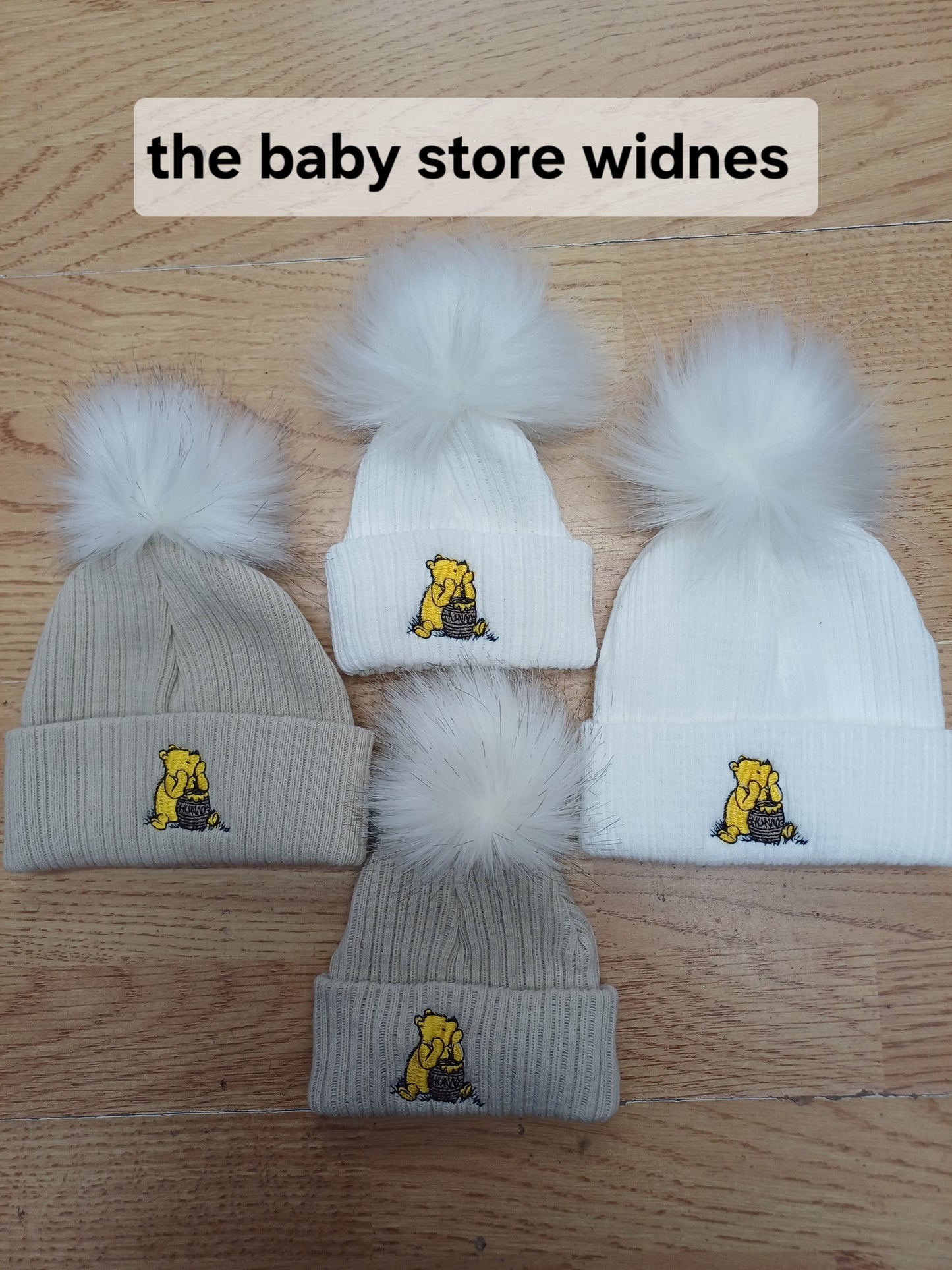 Babys boys or girls honey bear themed pom pom hats