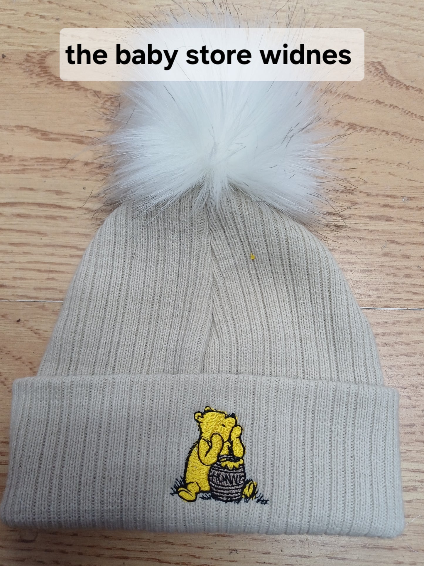 Babys boys or girls honey bear themed pom pom hats
