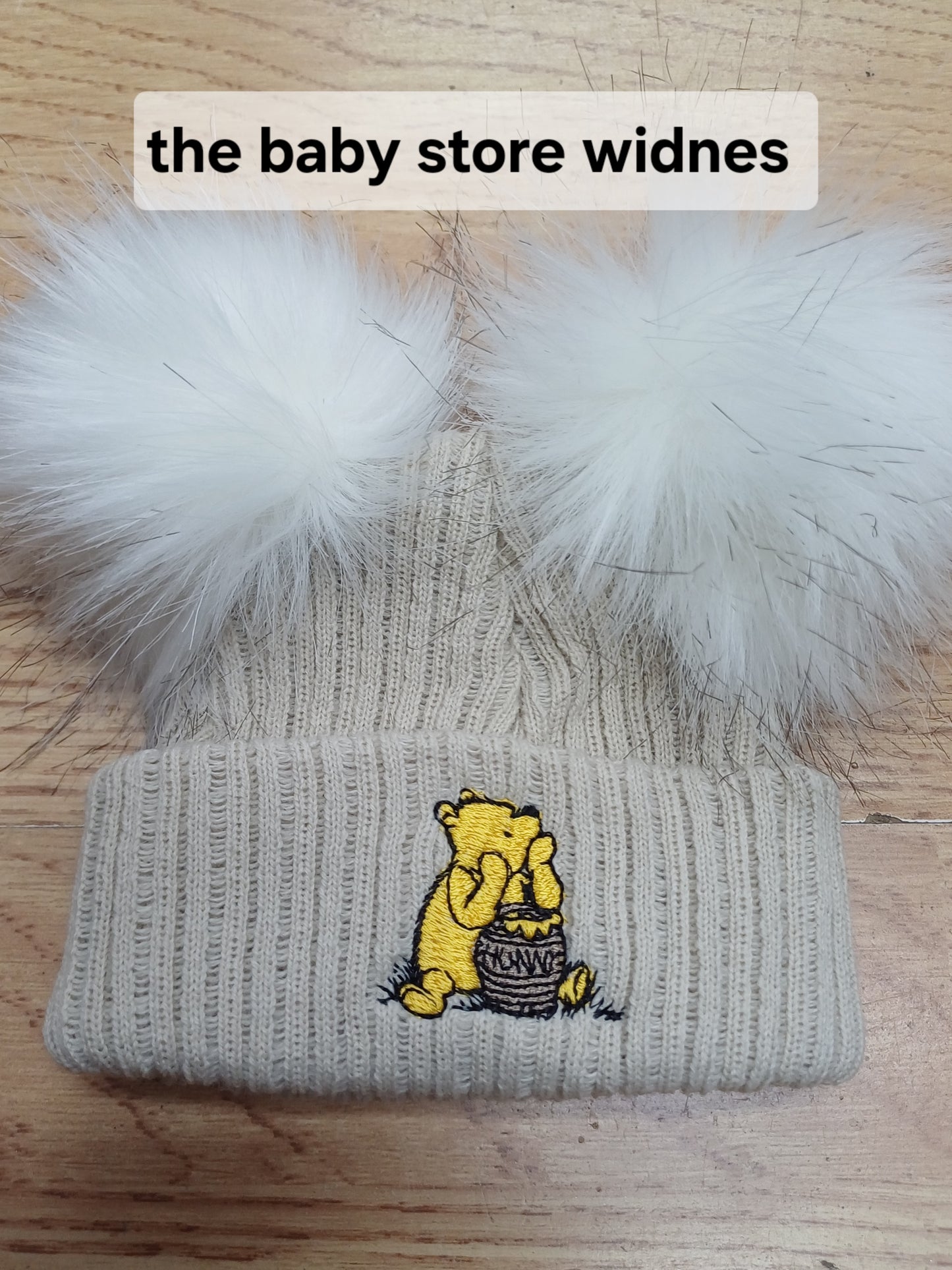 Baby Boys or girls honey bear themed pom pom hats