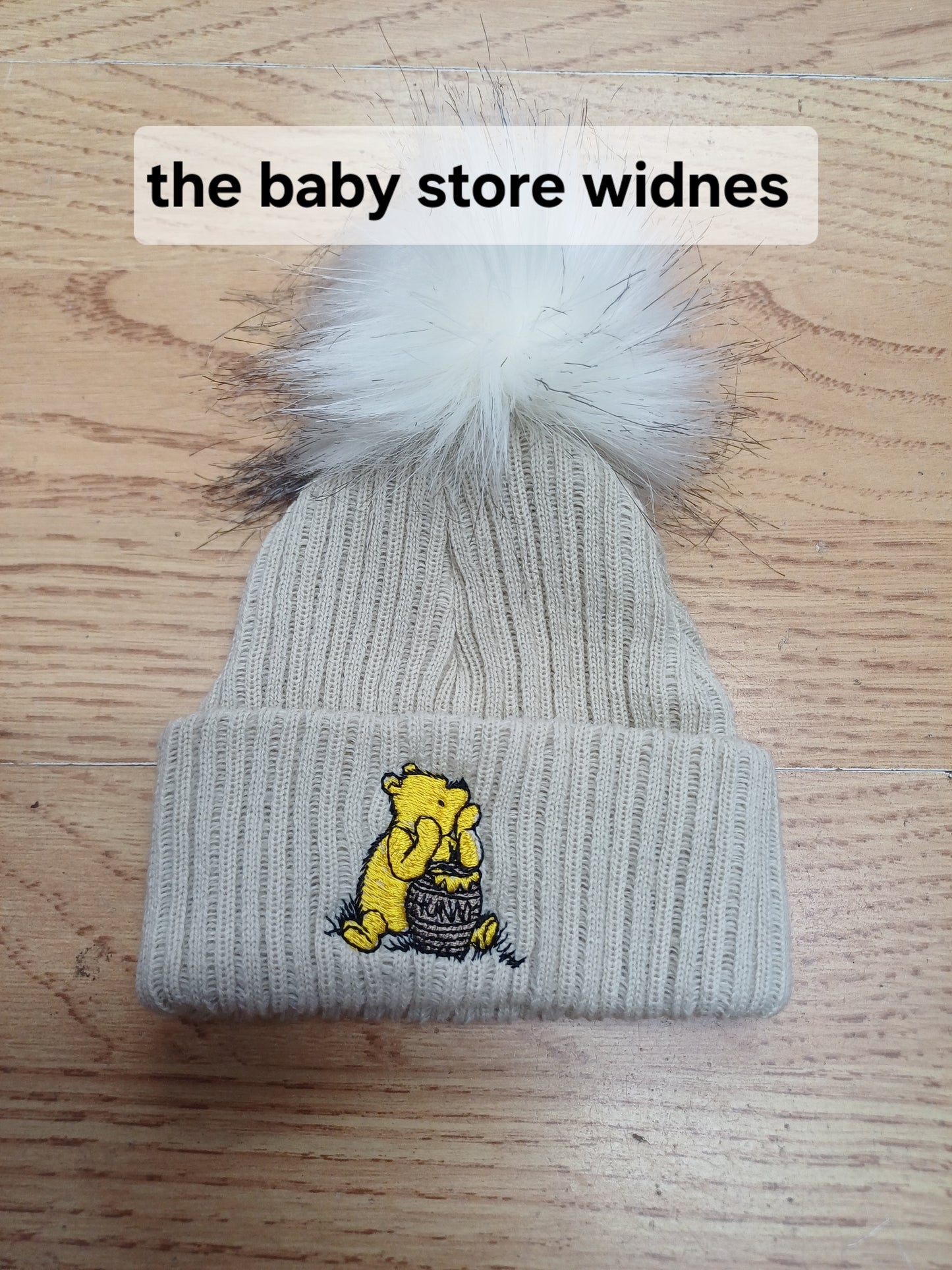 Babys boys or girls honey bear themed pom pom hats