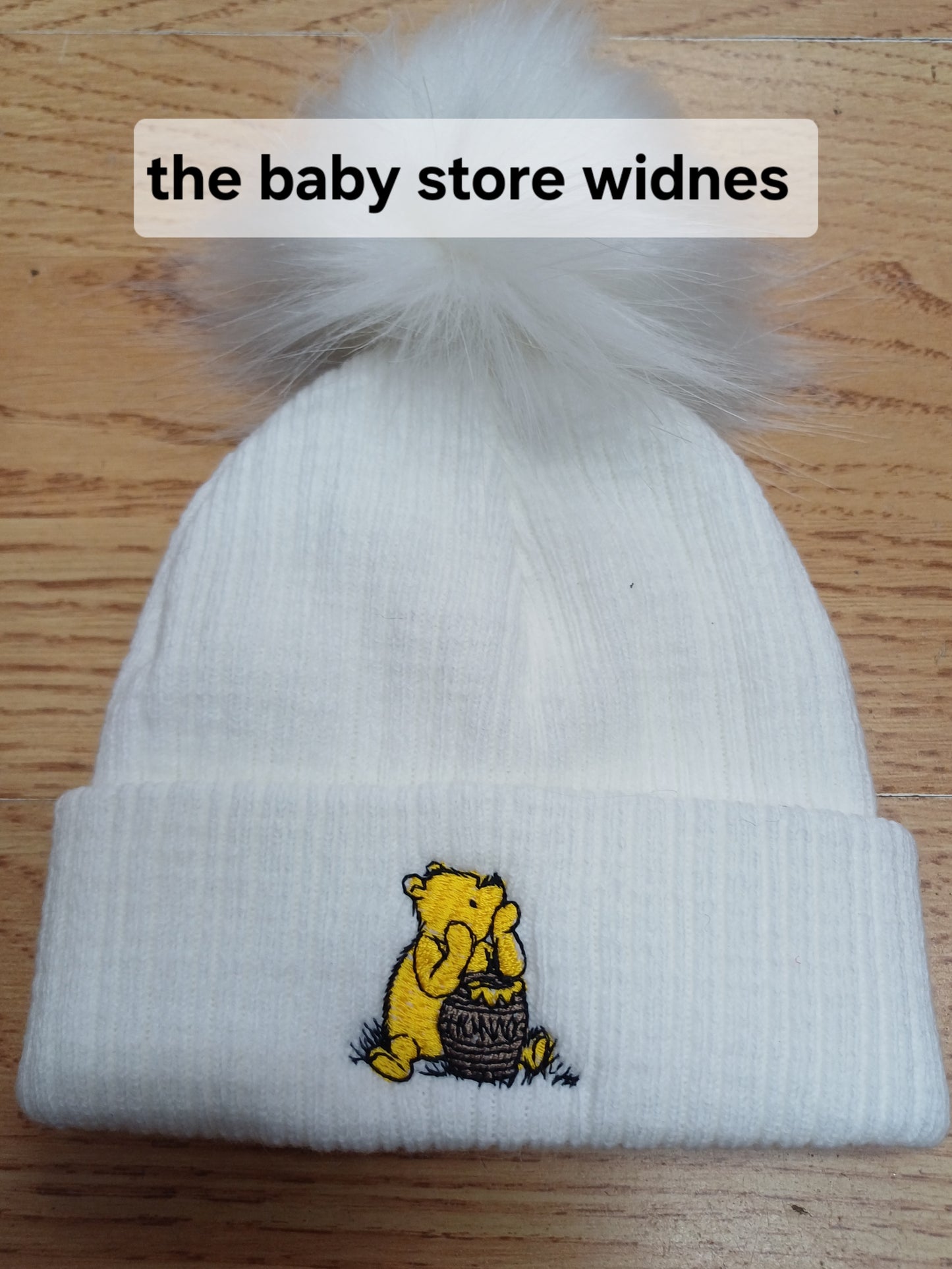 Babys boys or girls honey bear themed pom pom hats