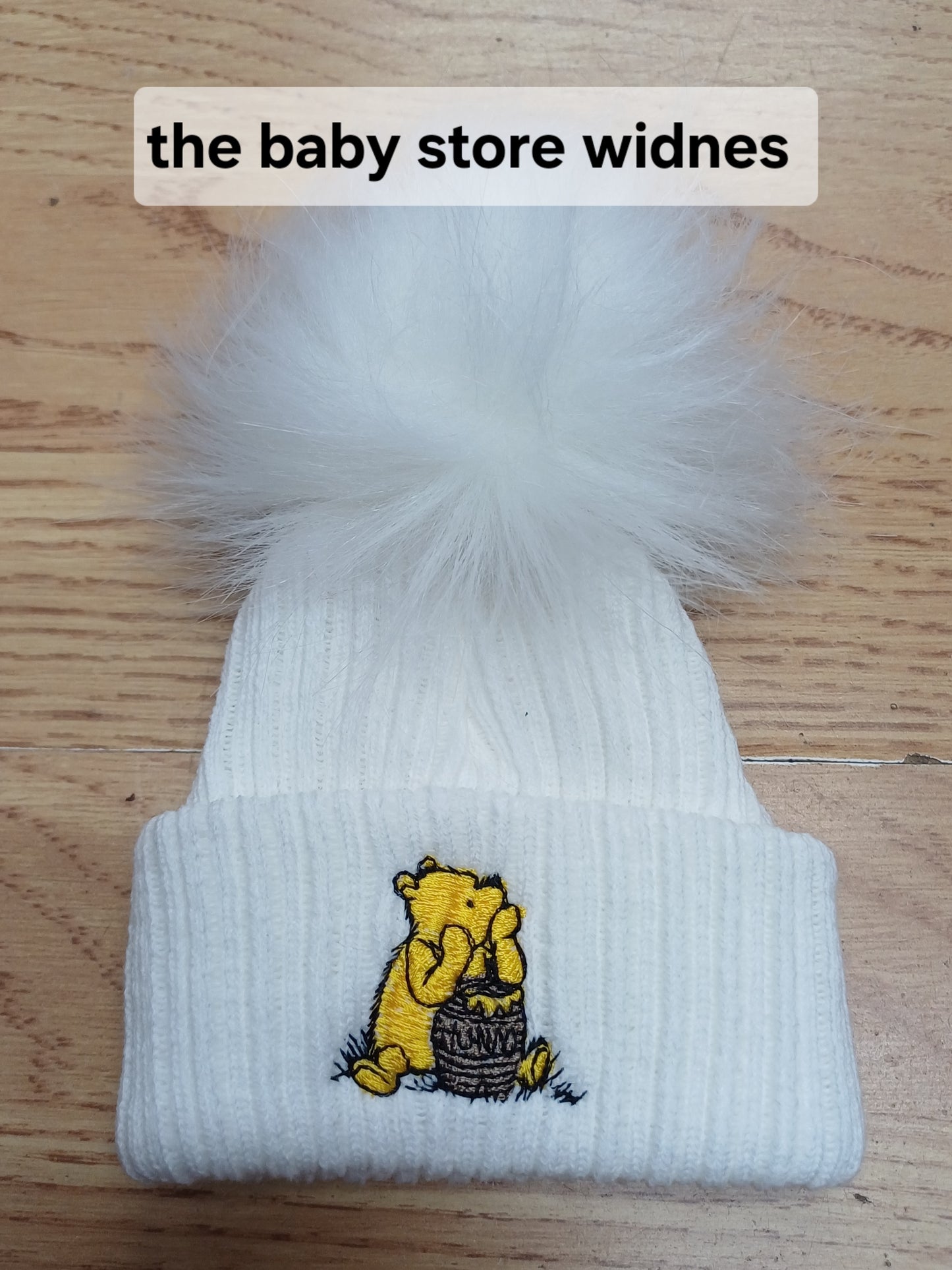Babys boys or girls honey bear themed pom pom hats