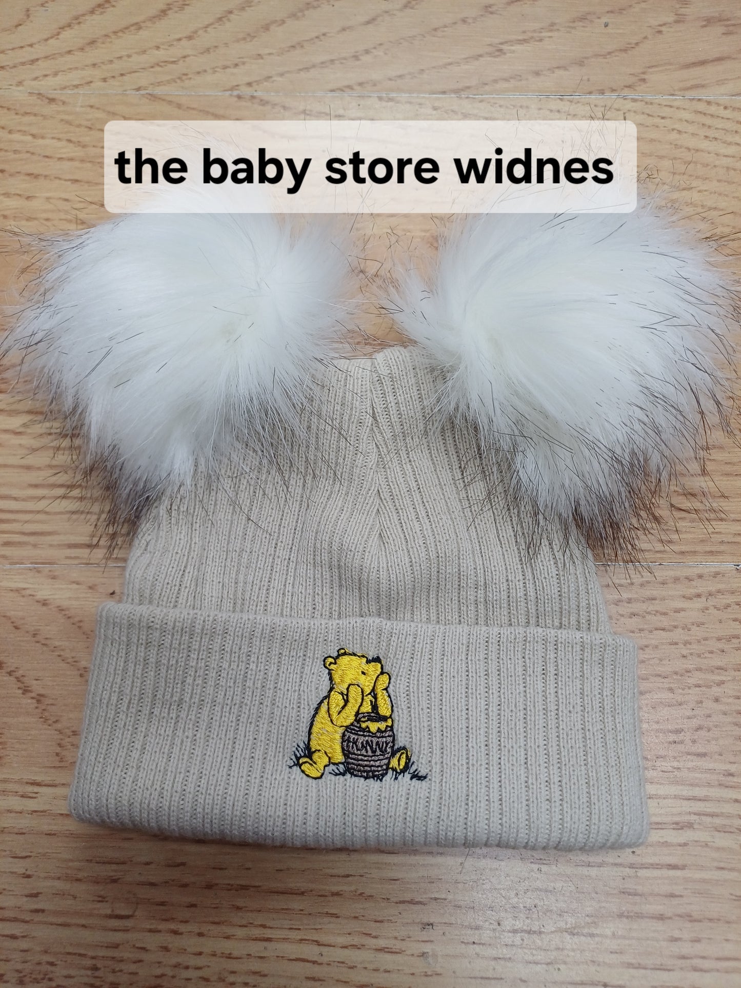 Baby Boys or girls honey bear themed pom pom hats
