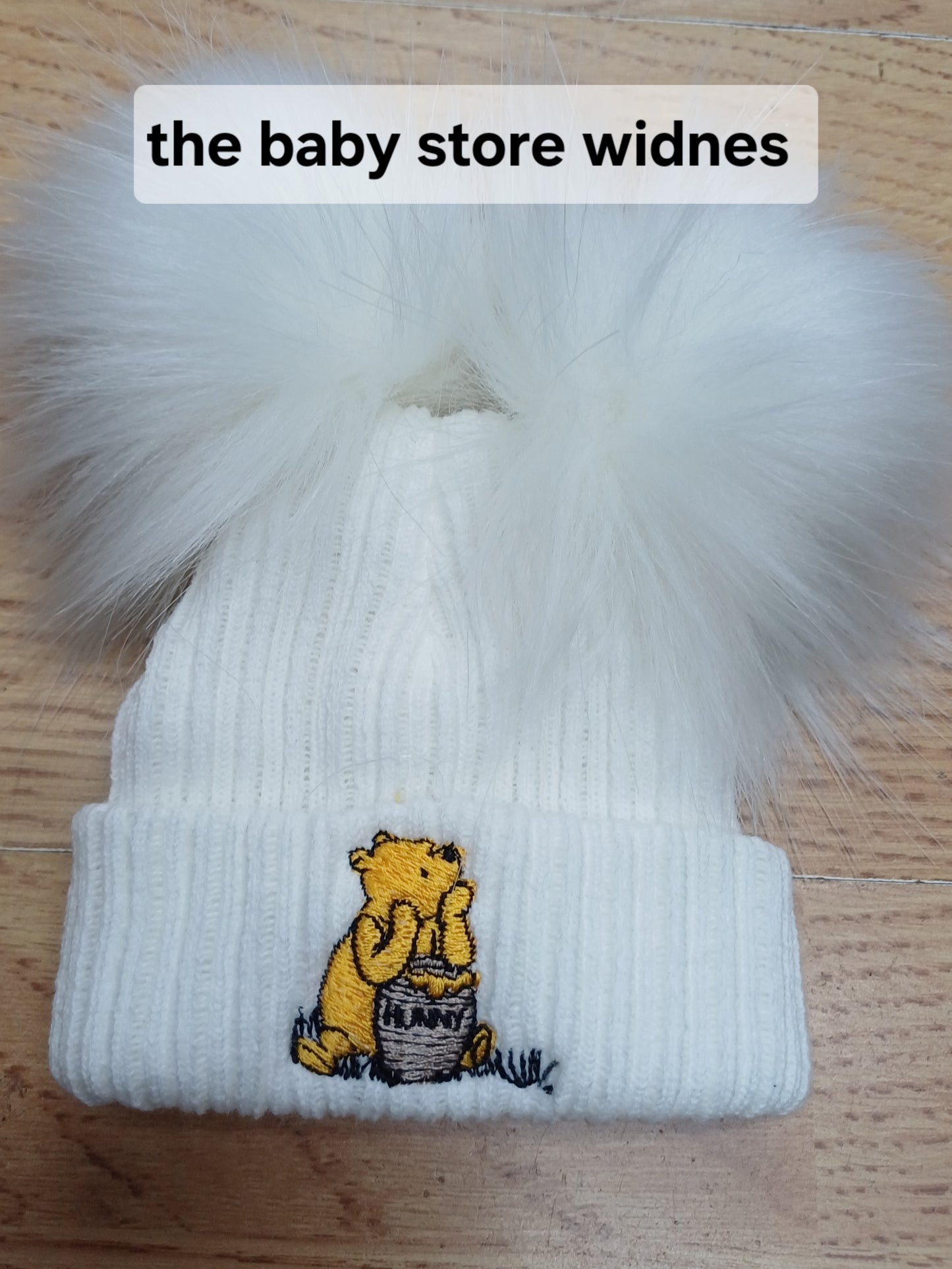 Baby Boys or girls honey bear themed pom pom hats
