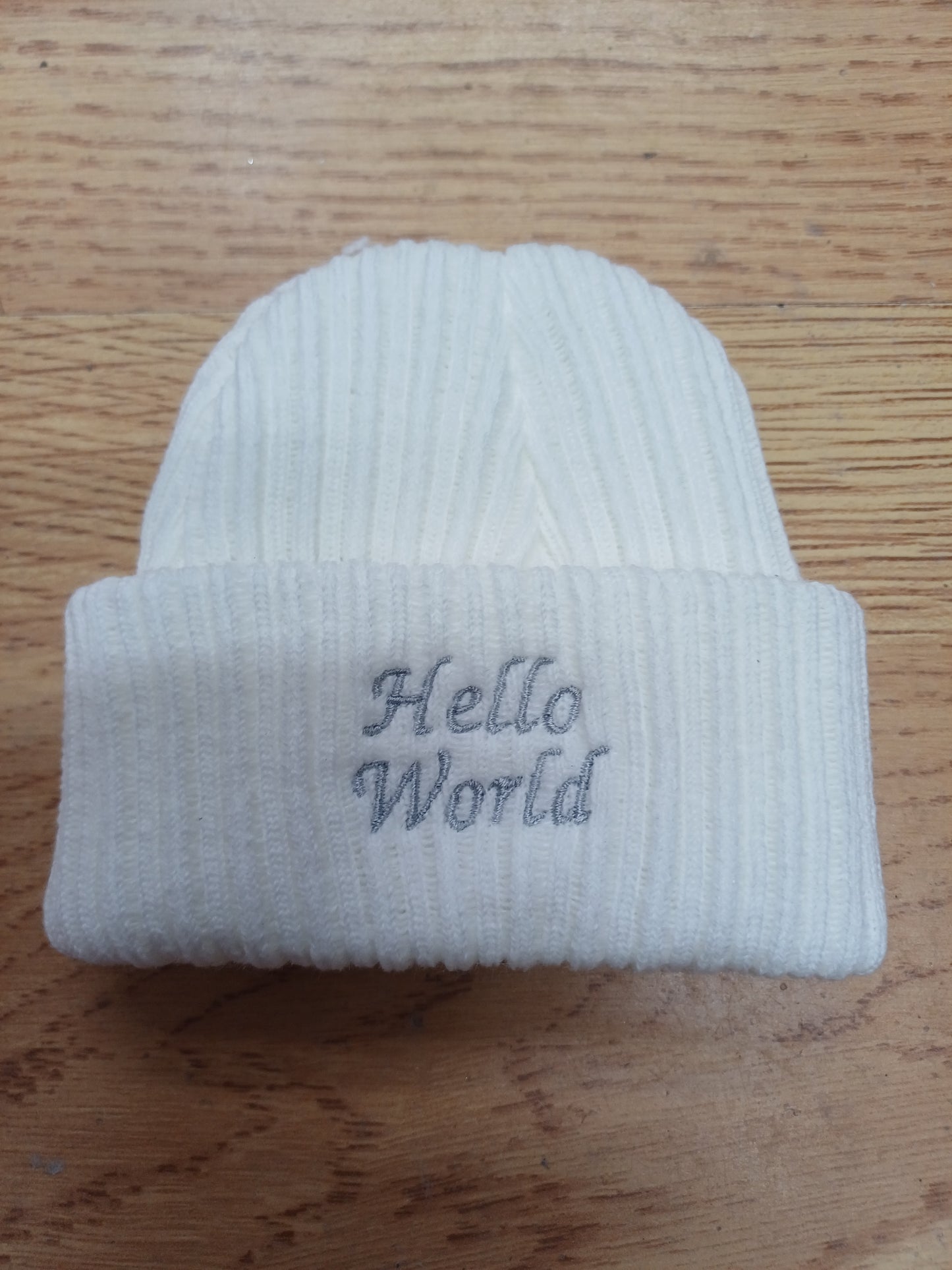 Boys or girls beanie hat embroidered with hello world newborn size