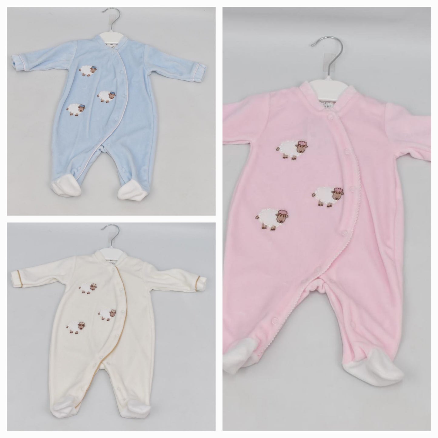 Baby Boys or Girls velour baby grow / sleep suit with sheep design