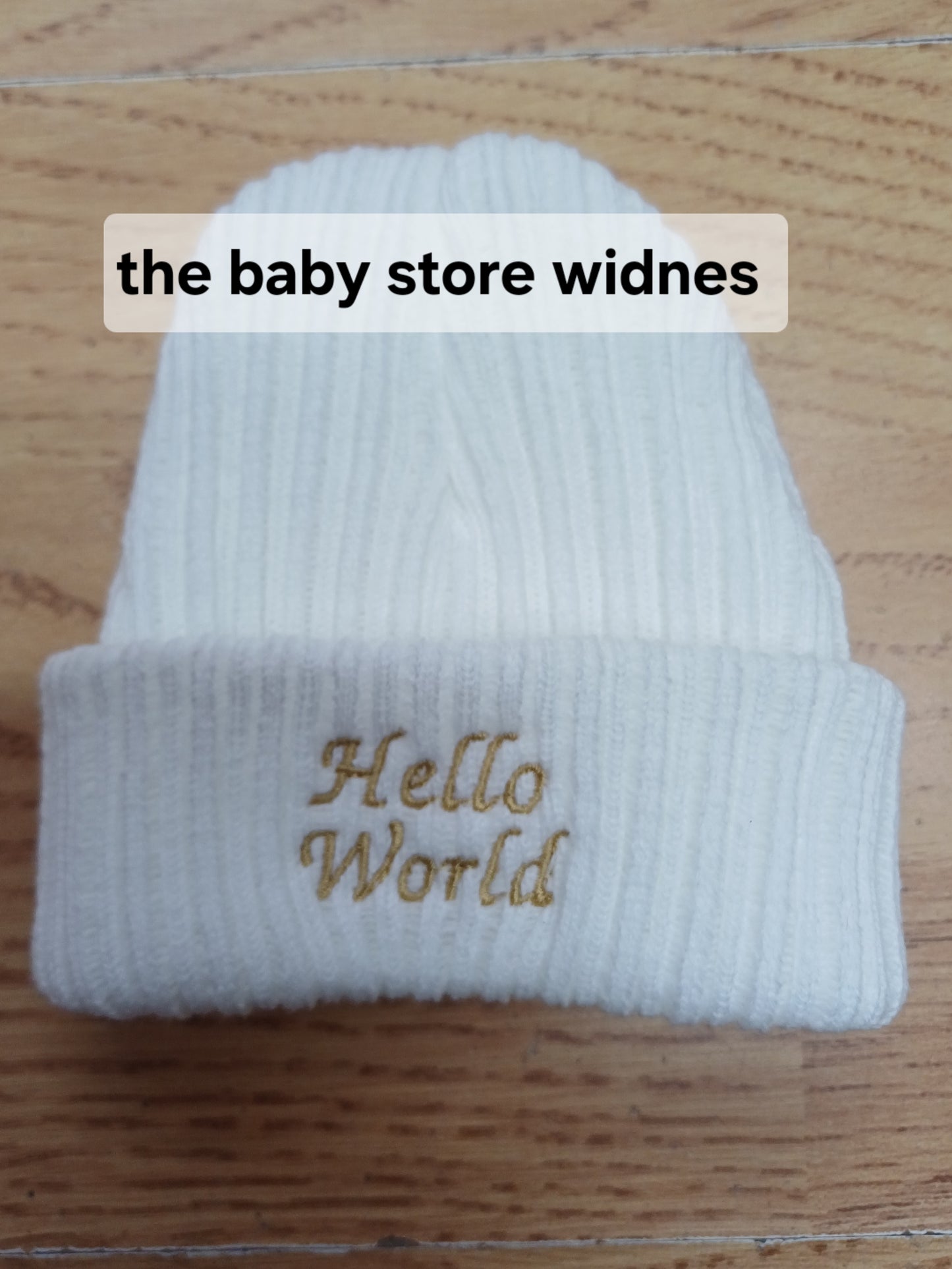Babys unisex knitted beanie hat embroidered with just arrived or hello world size newborn