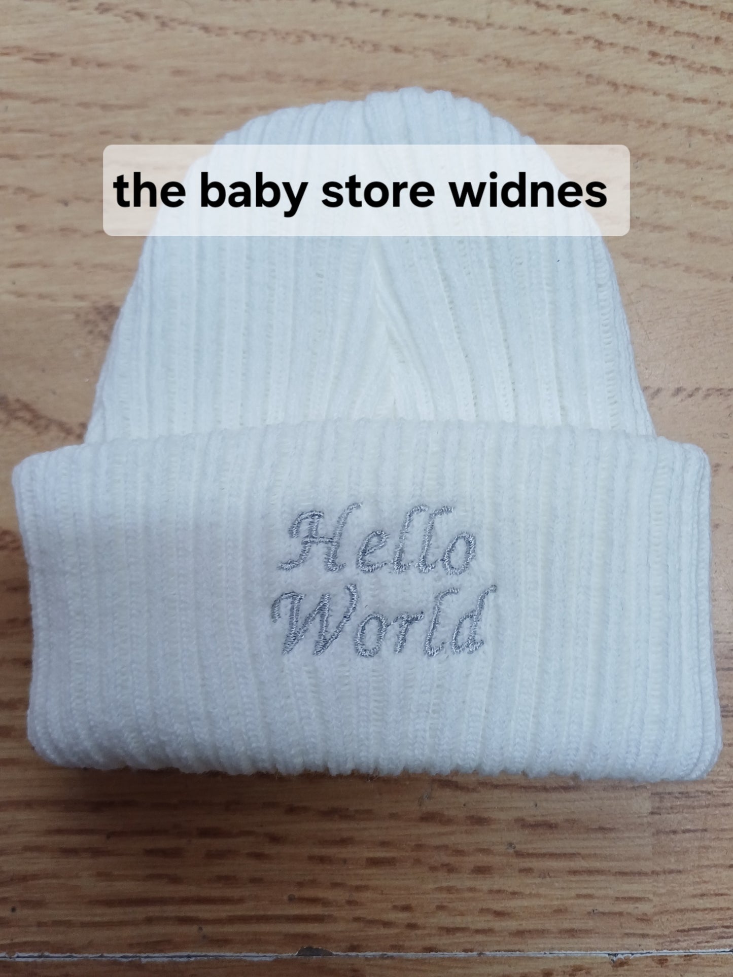 Babys unisex knitted beanie hat embroidered with just arrived or hello world size newborn