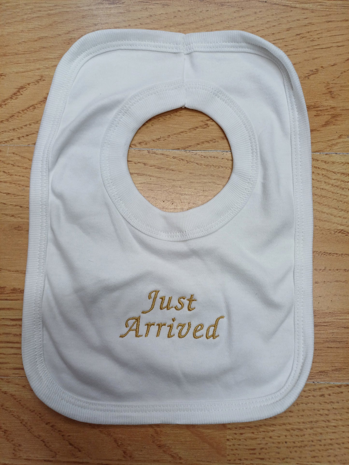 Babys cotton bib embroidered with just arrived or hello world