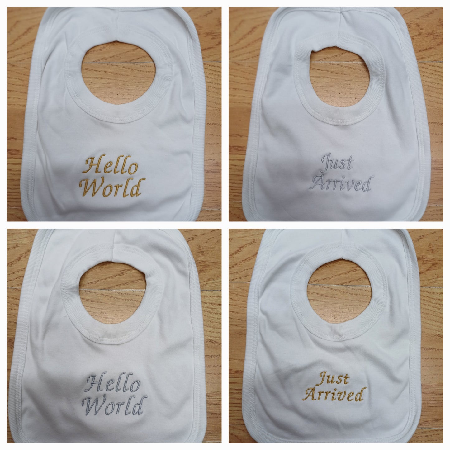 Babys cotton bib embroidered with just arrived or hello world