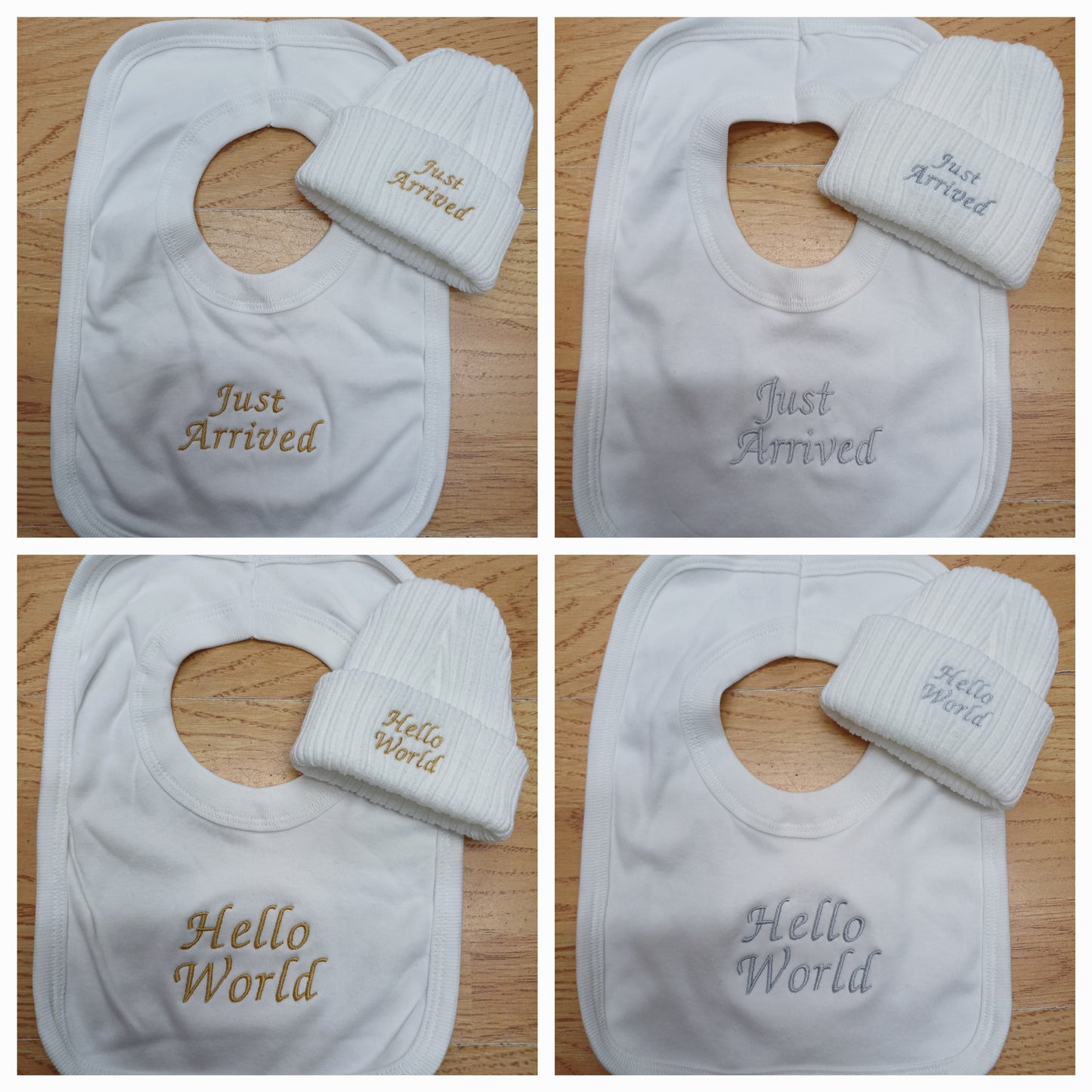 Babys unisex cotton bib and knitted beanie hat set embroidered with hello world or just arrived size newborn