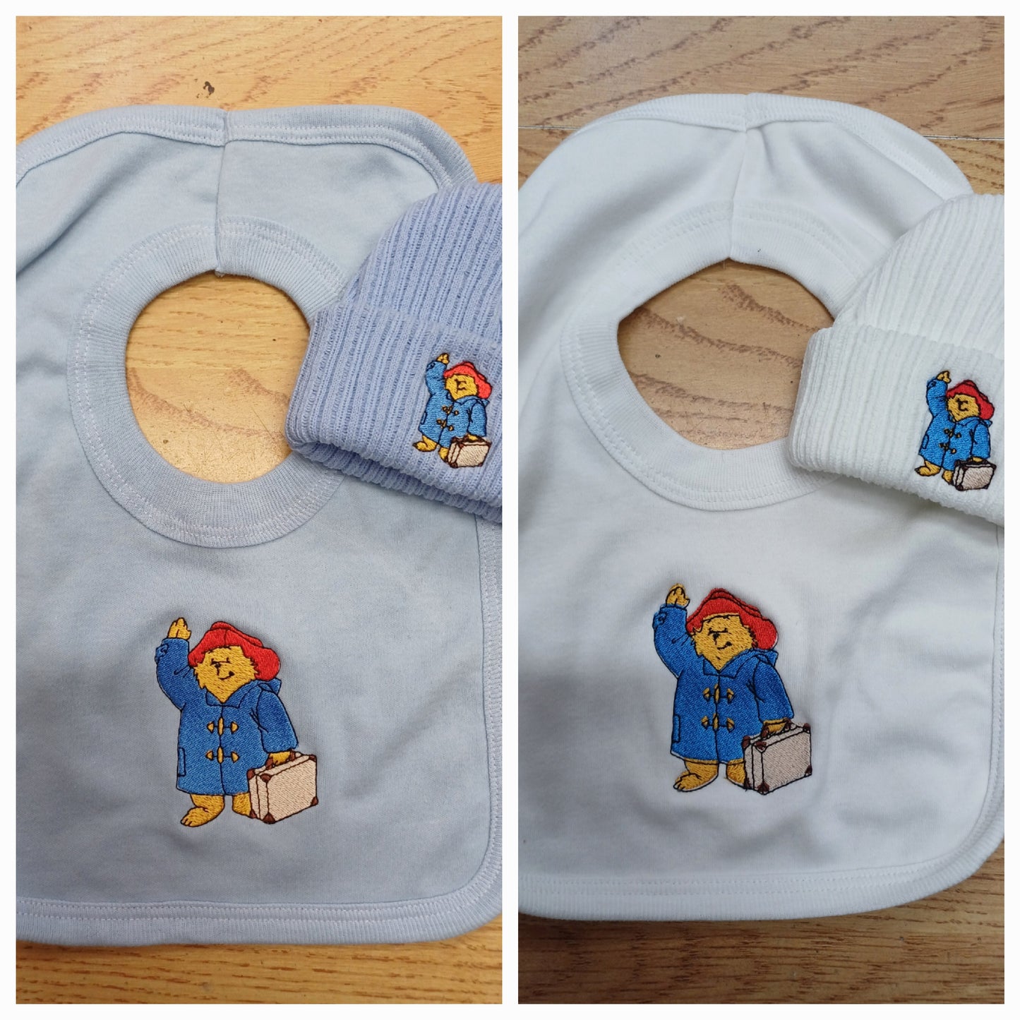 Babys bib and knitted beanie hat set embroidered with bear design