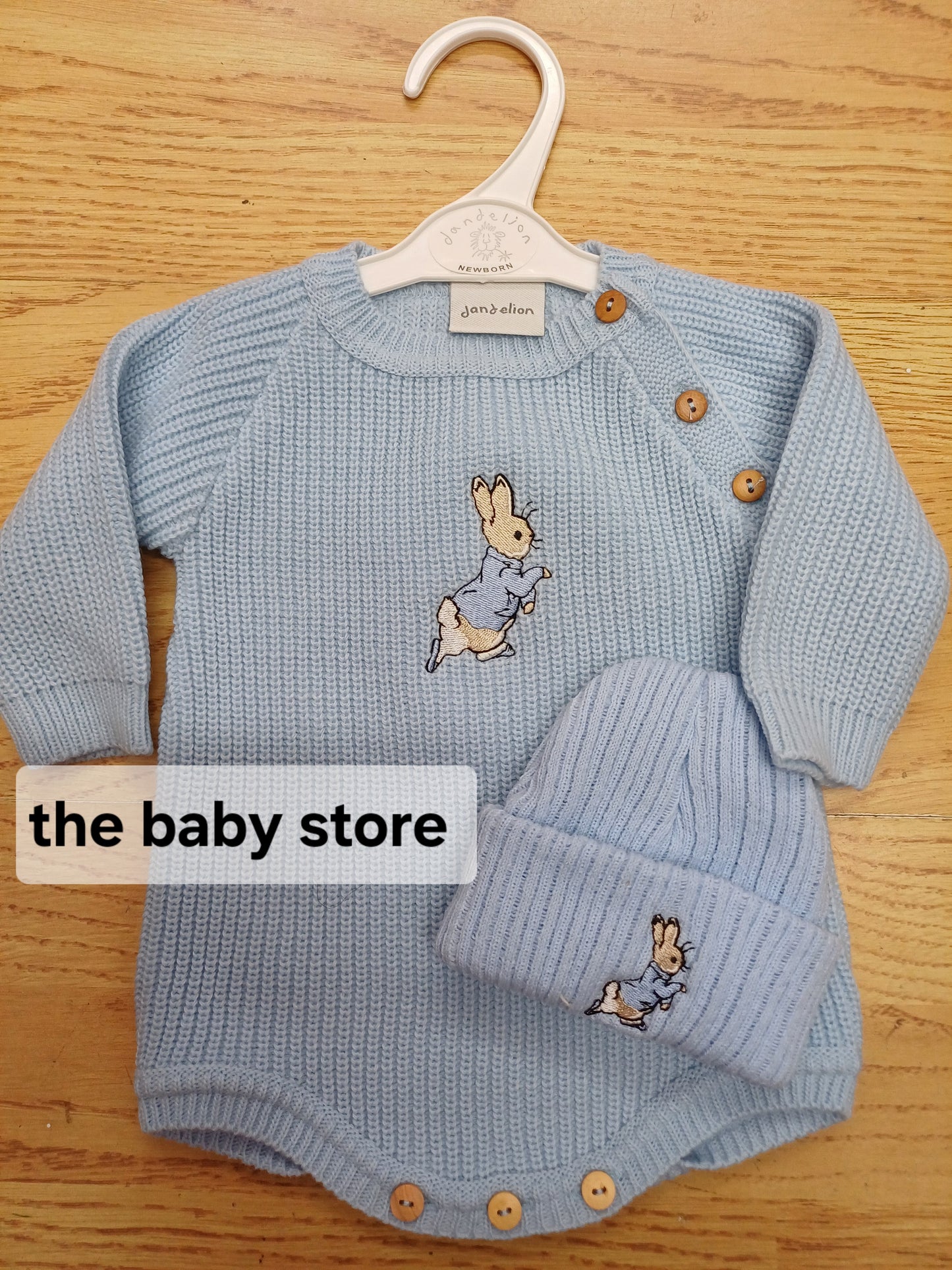 Dandelion embroidered romper and hat set with peter rabbit themed embroidery