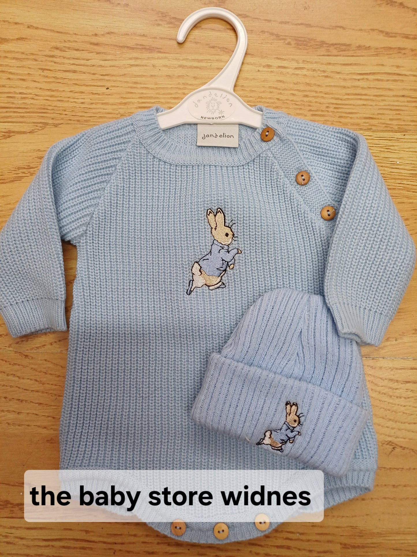 Dandelion embroidered romper set with hat and peter rabbit themed embroidery