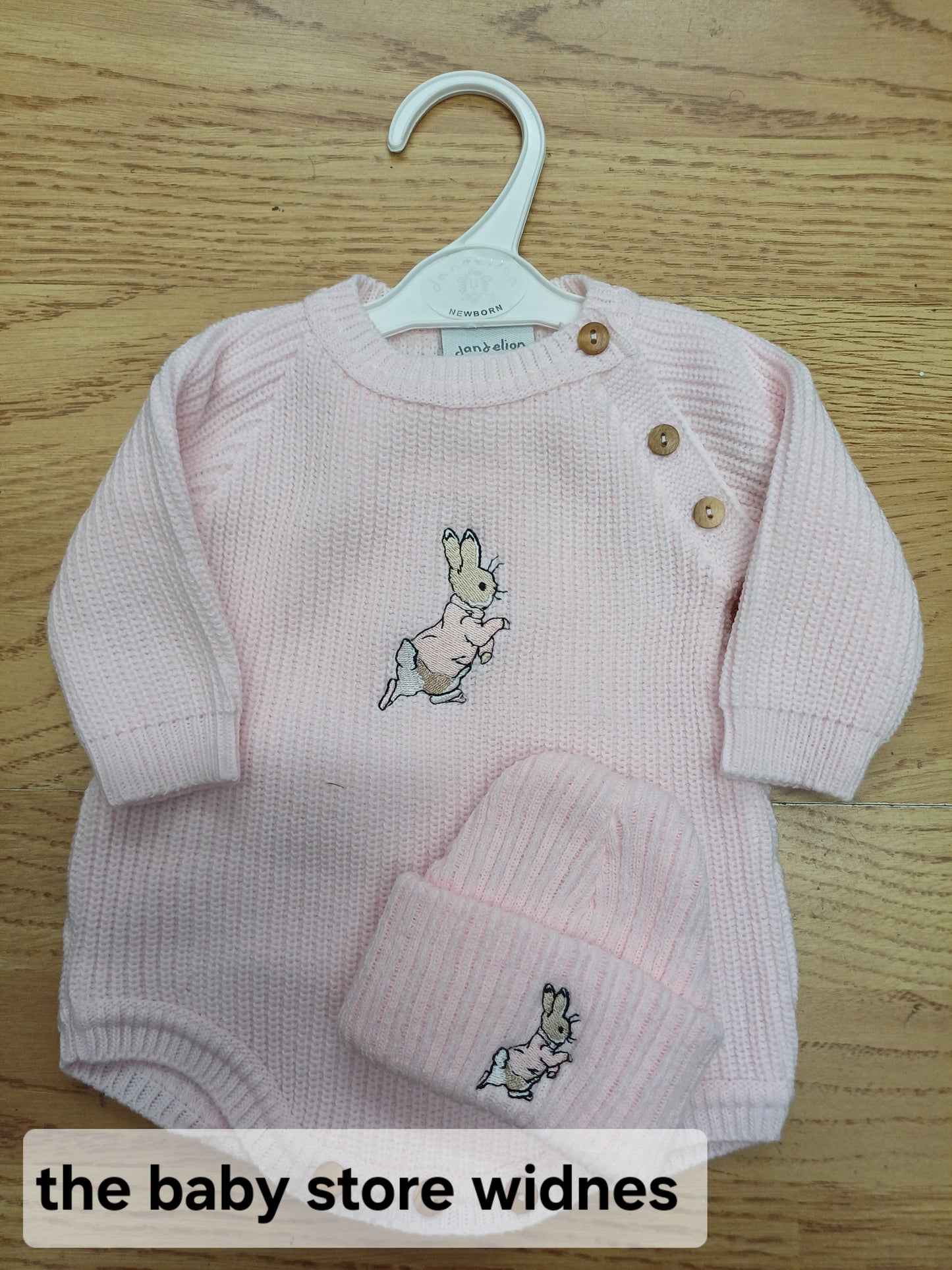 Dandelion embroidered romper set with hat and peter rabbit themed embroidery
