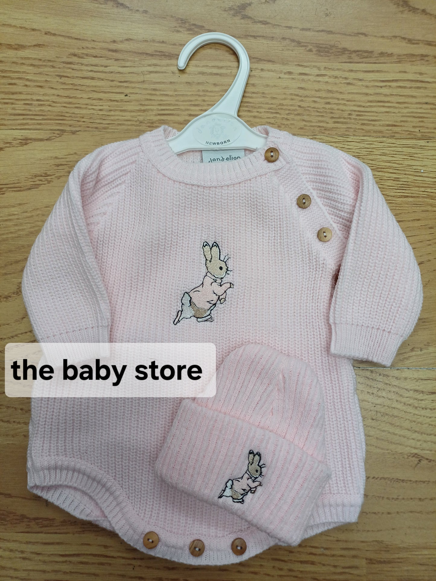 Dandelion embroidered romper and hat set with peter rabbit themed embroidery