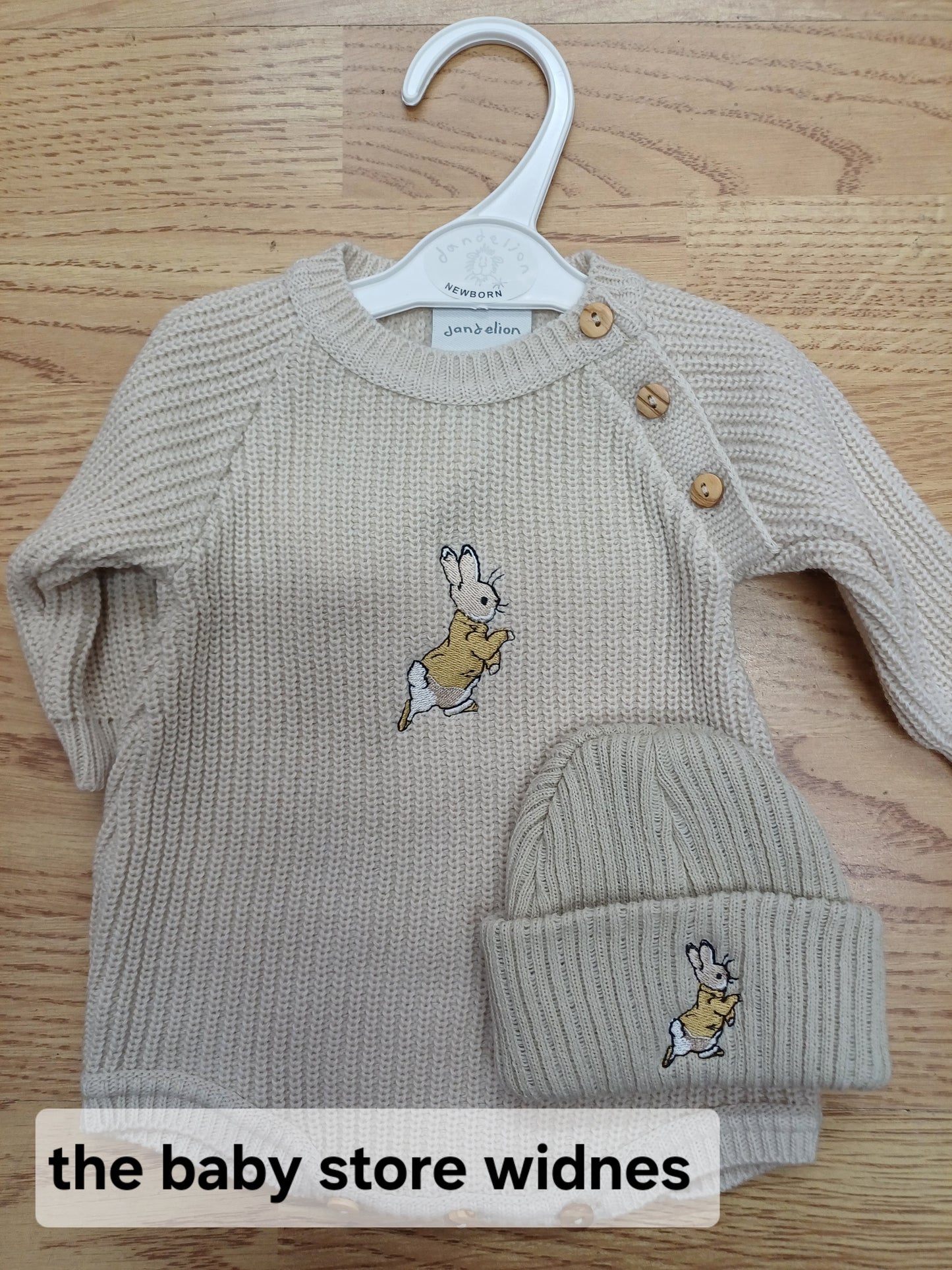 Dandelion embroidered romper set with hat and peter rabbit themed embroidery