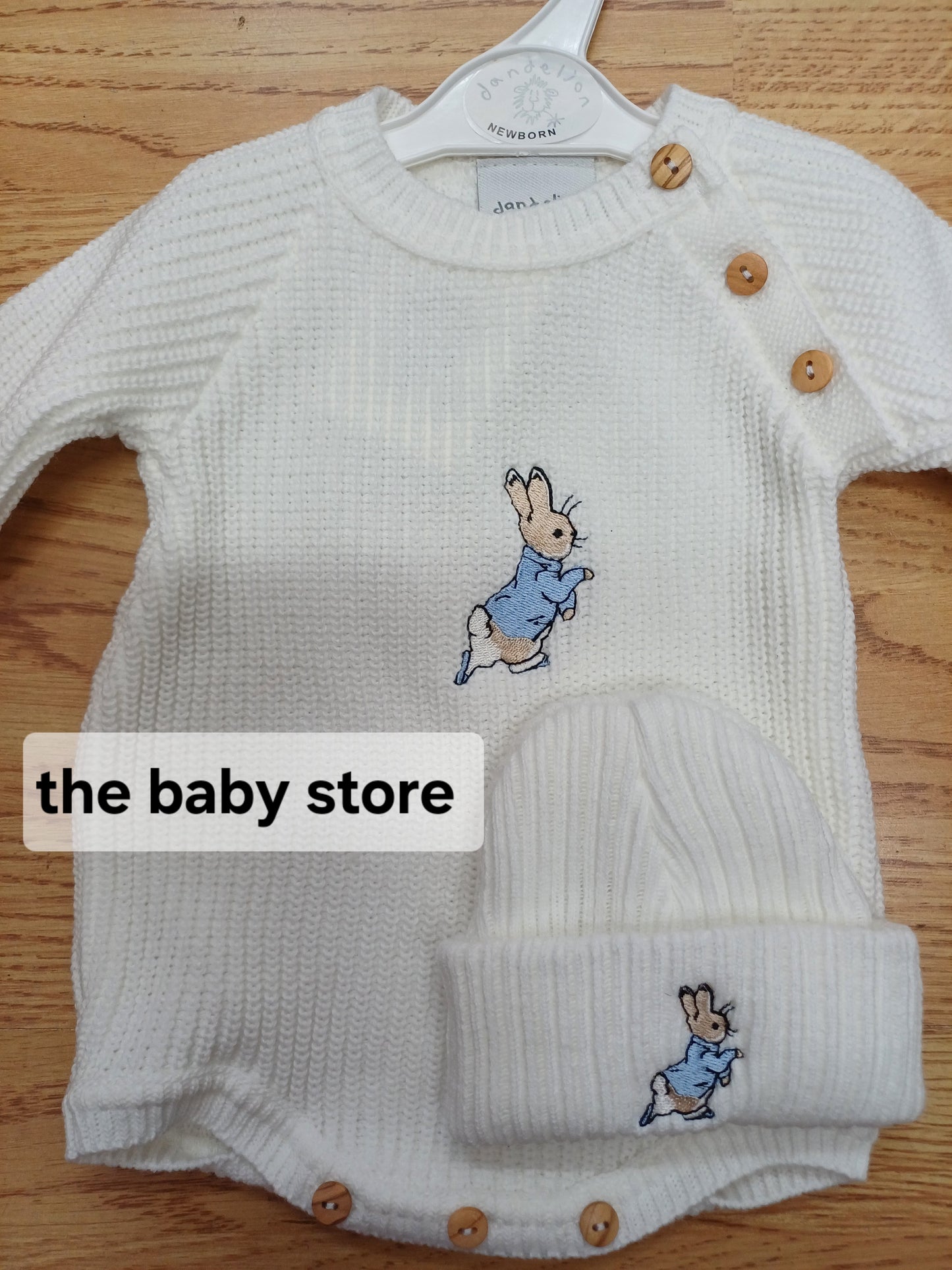 Dandelion embroidered romper and hat set with peter rabbit themed embroidery