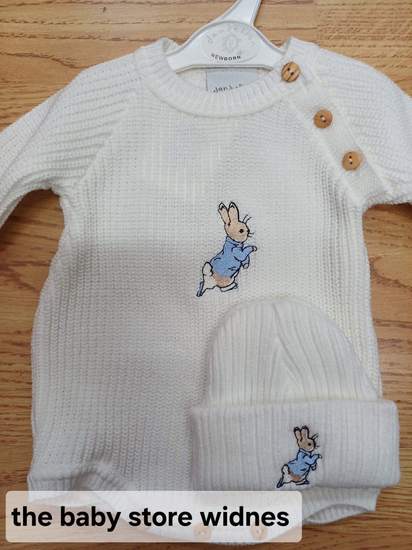 Dandelion embroidered romper set with hat and peter rabbit themed embroidery
