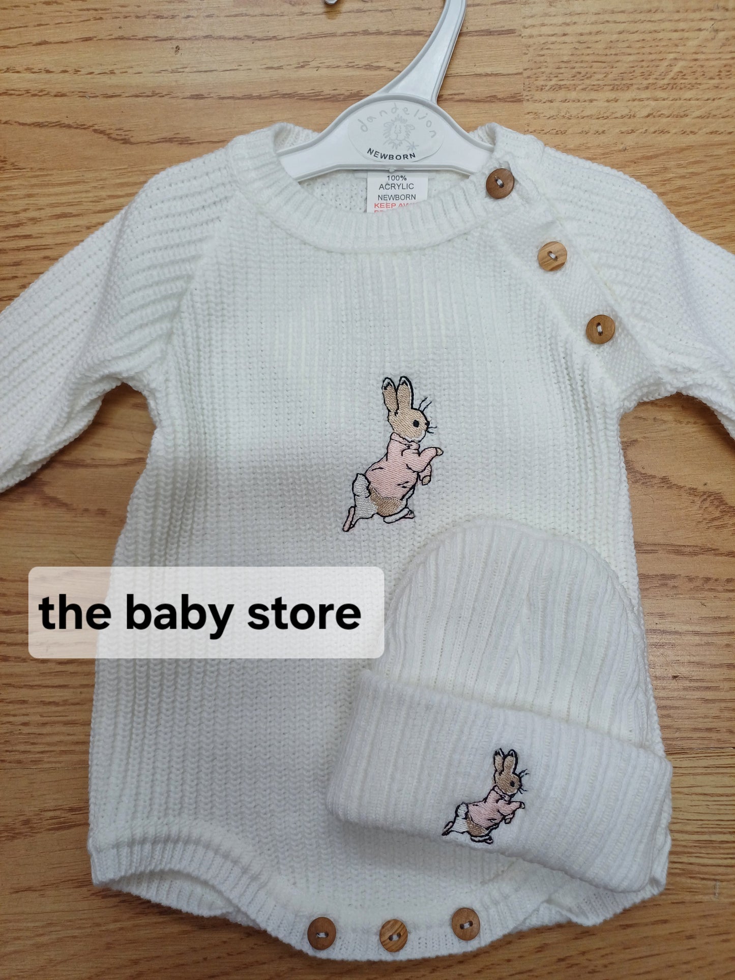 Dandelion embroidered romper and hat set with peter rabbit themed embroidery