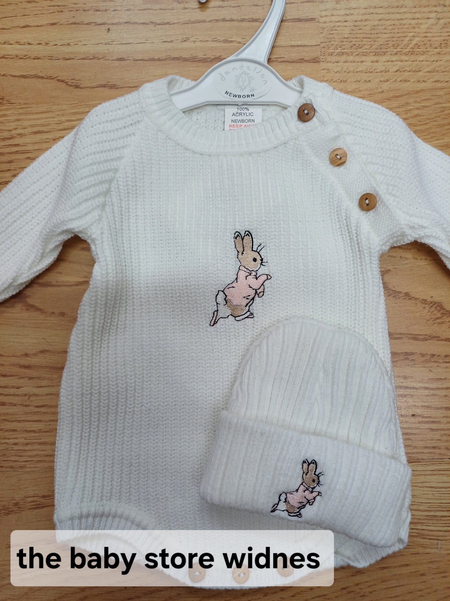Dandelion embroidered romper set with hat and peter rabbit themed embroidery