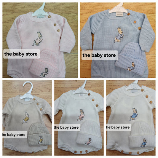 Dandelion embroidered romper and hat set  with peter rabbit themed embroidery