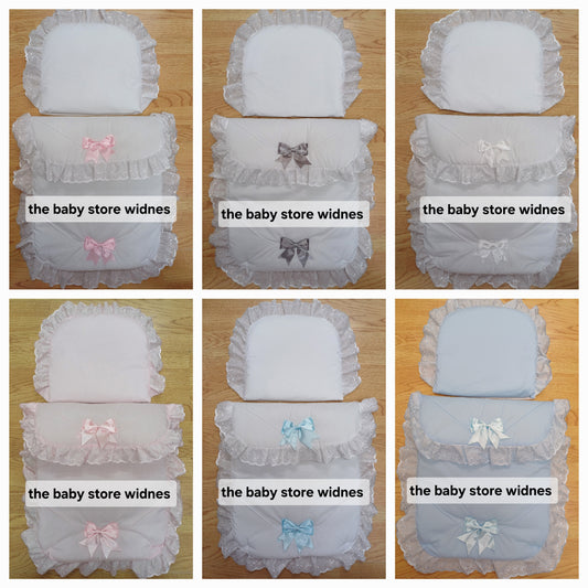 Baby Boys or girls  pram quilt with large bows  and pillow  set comes in various colours