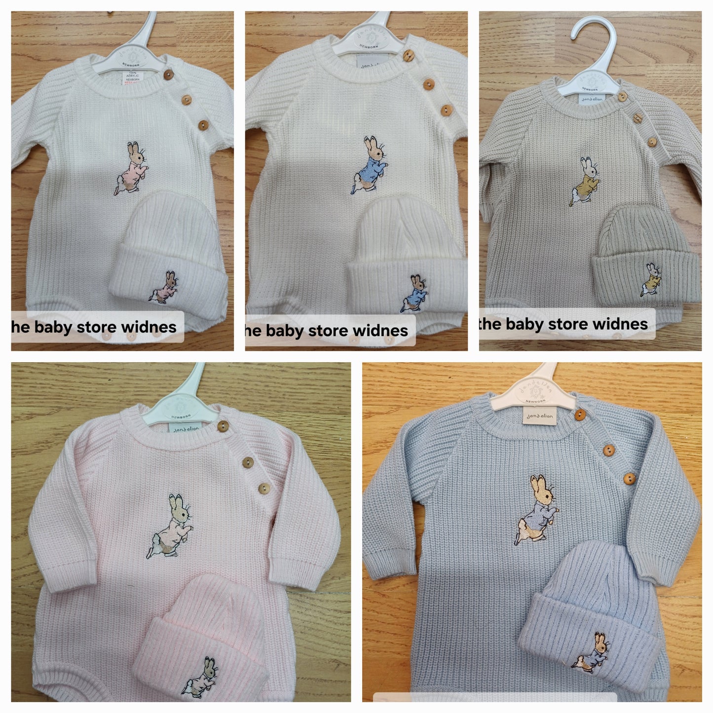 Dandelion embroidered romper set with hat and peter rabbit themed embroidery